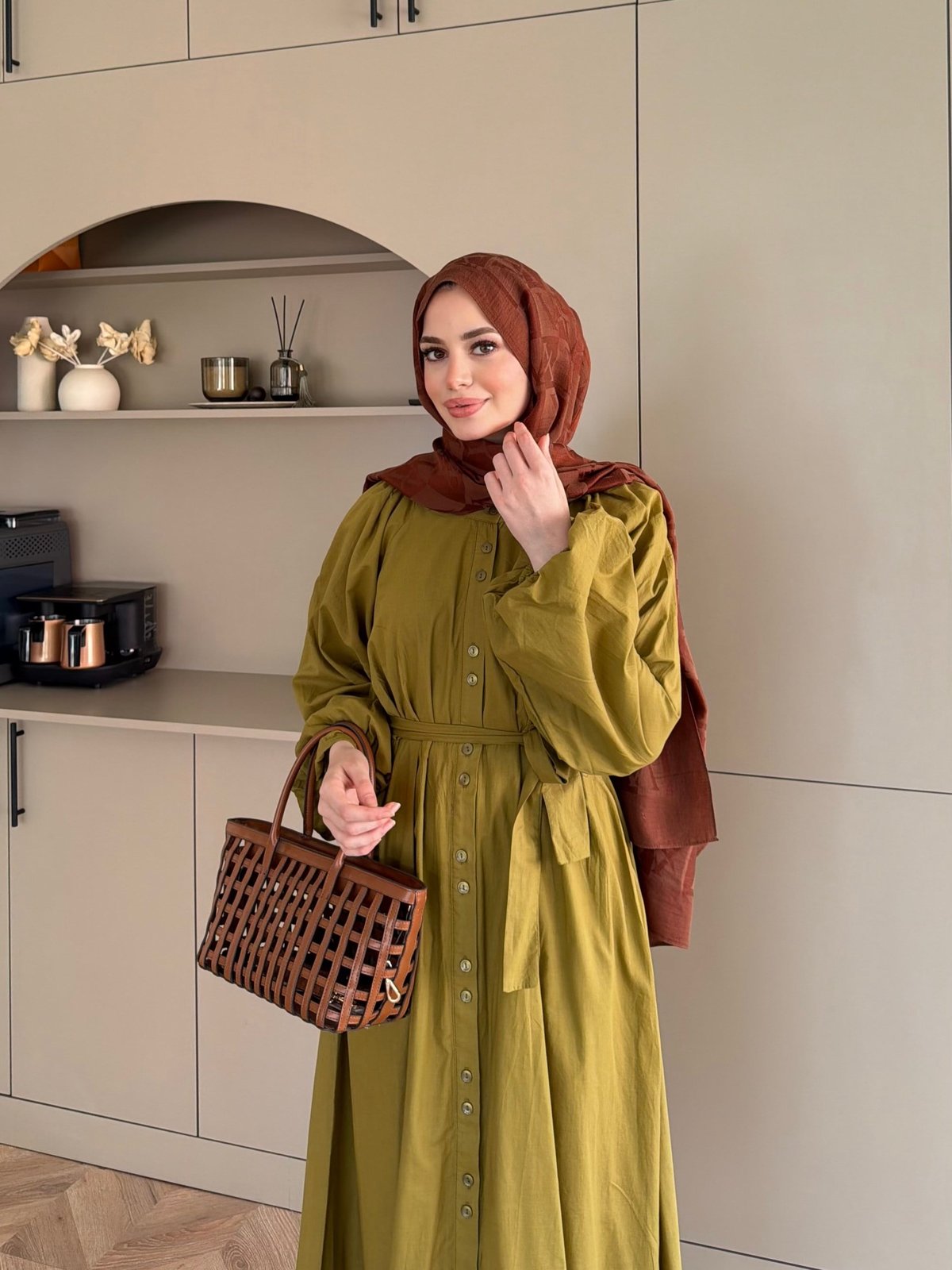 Selin Düğme Detaylı Elbise Yağ Yeşili (2277)