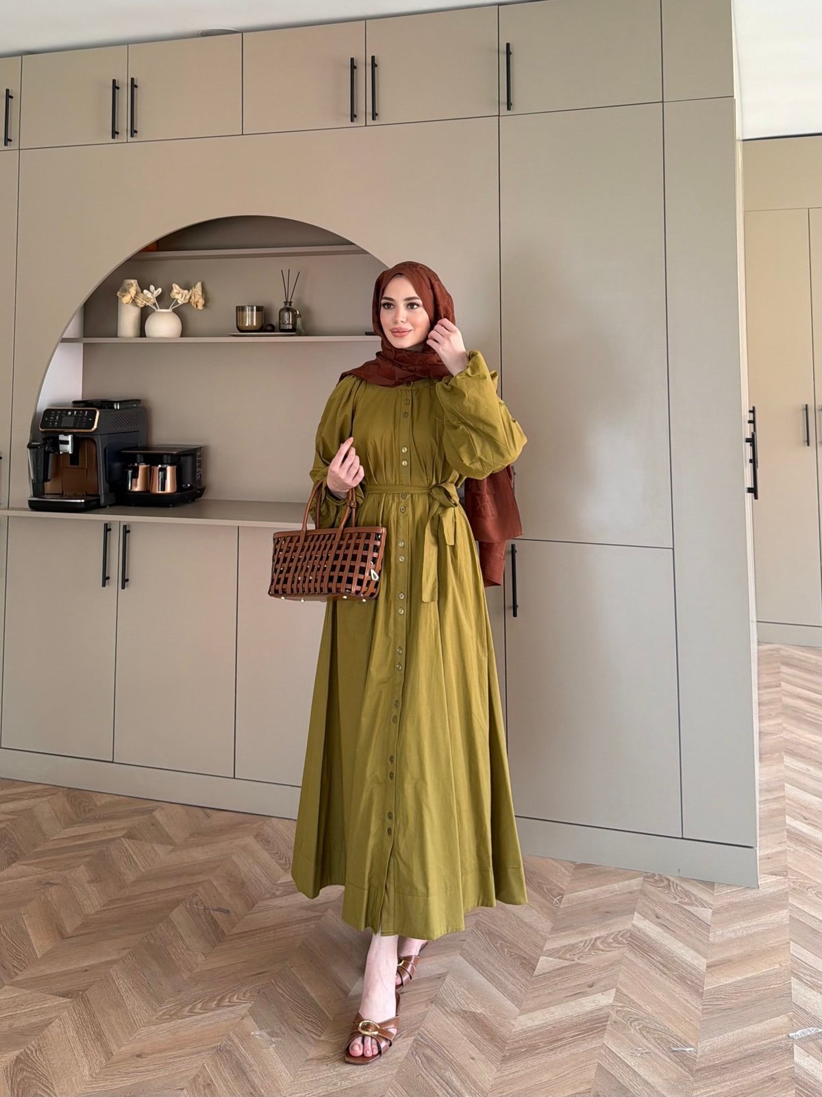 Selin Düğme Detaylı Elbise Yağ Yeşili (2277)