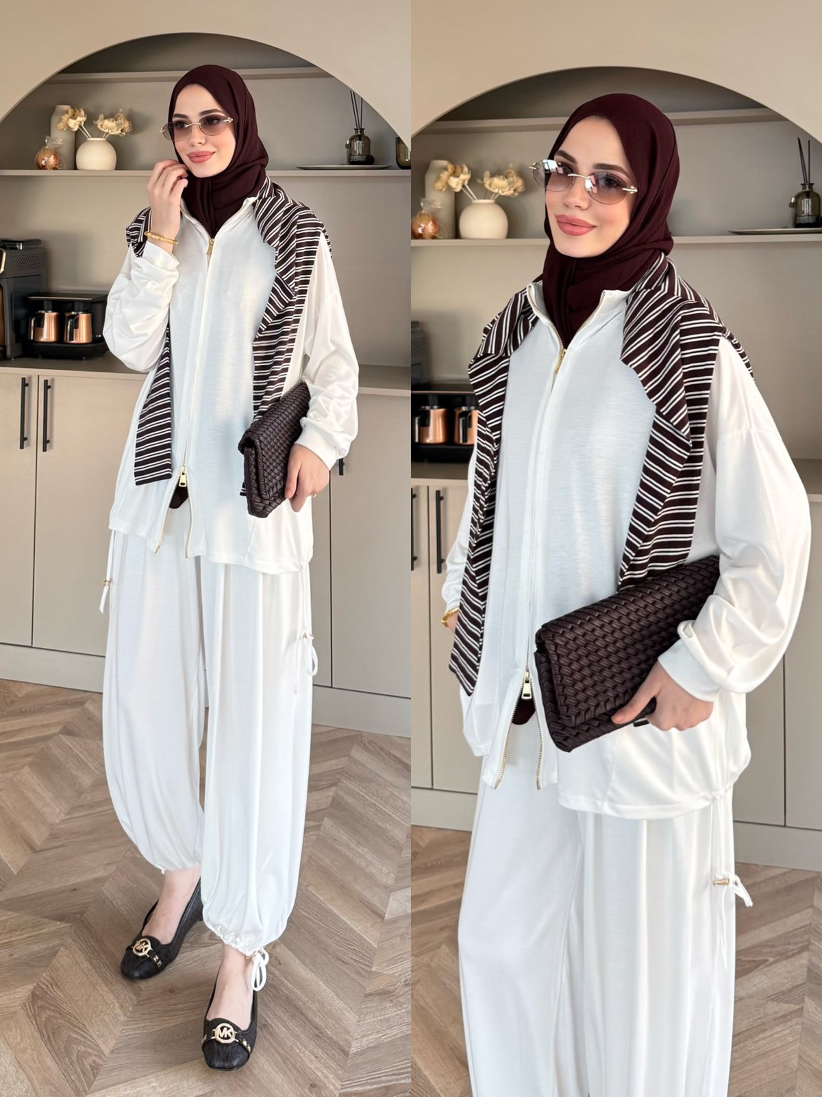 Sera Büzgülü Oysh Pantolonlu Takım Ekru (2371)