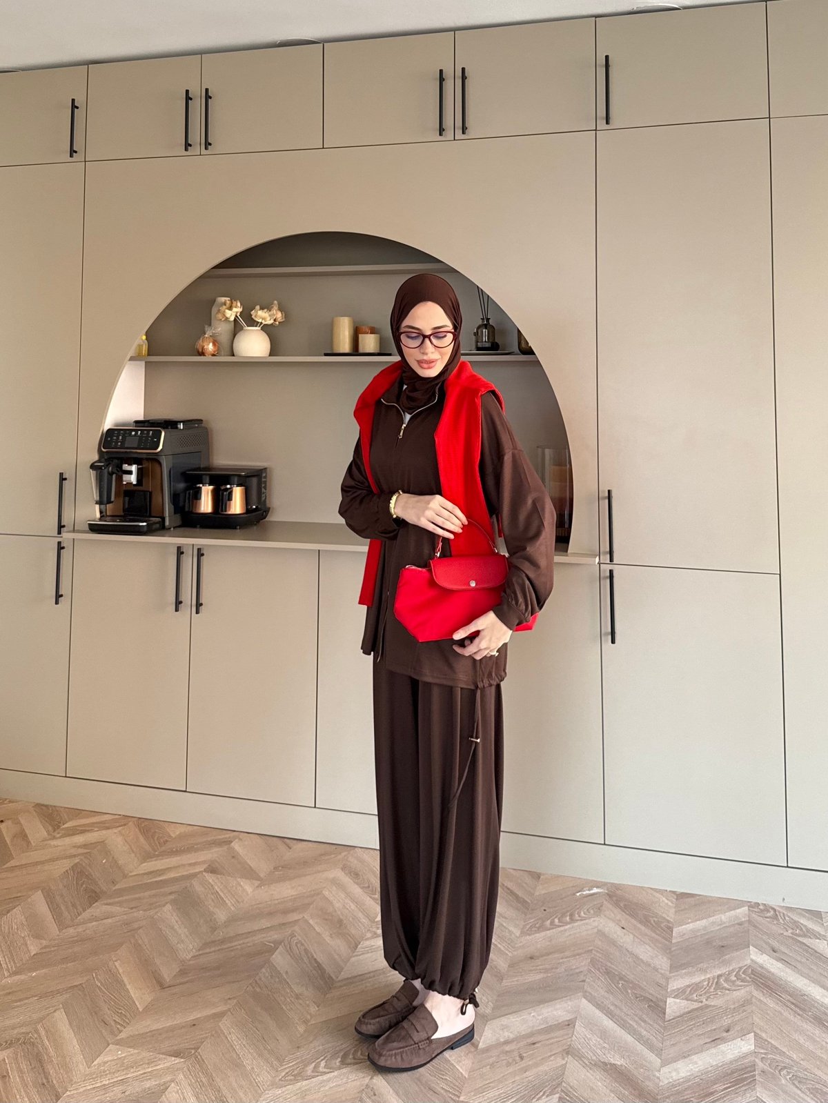 Sera Büzgülü Oysh Pantolonlu Takım Kahve (2371)