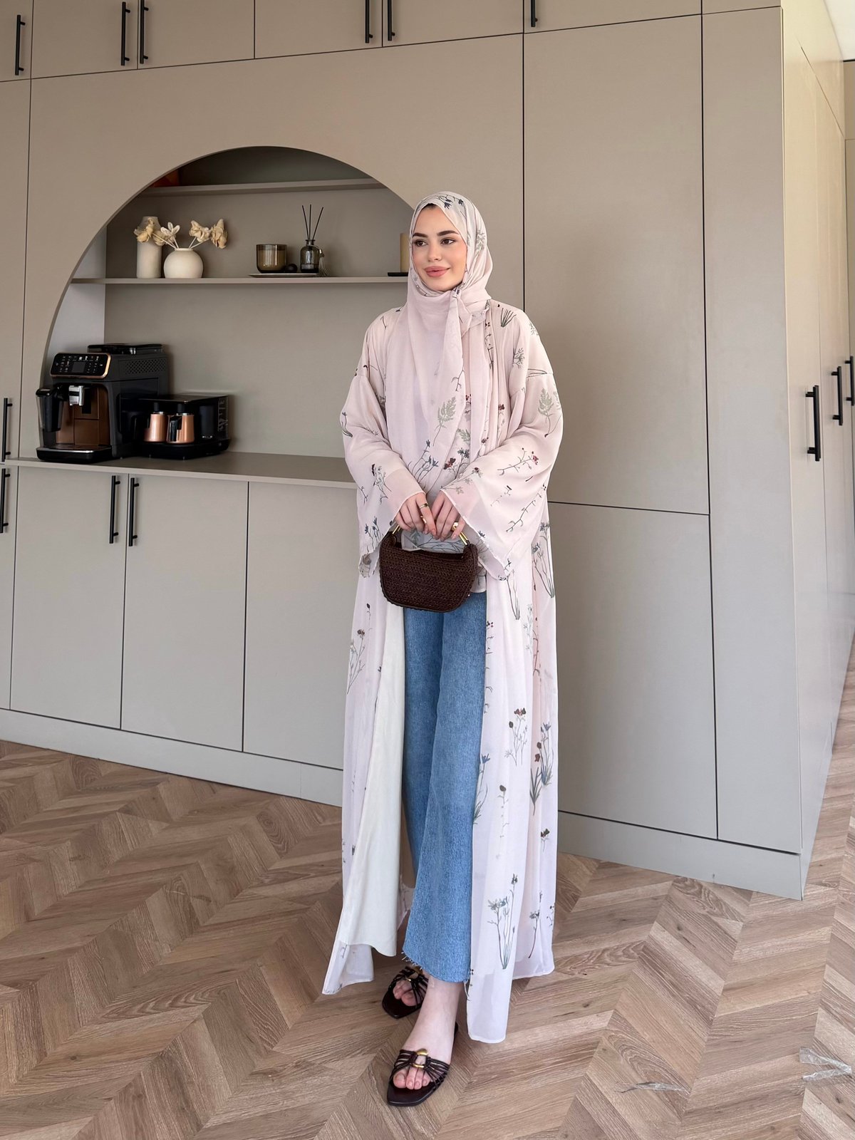 Sharm Şallı Kimono/Abaya Bej (708)