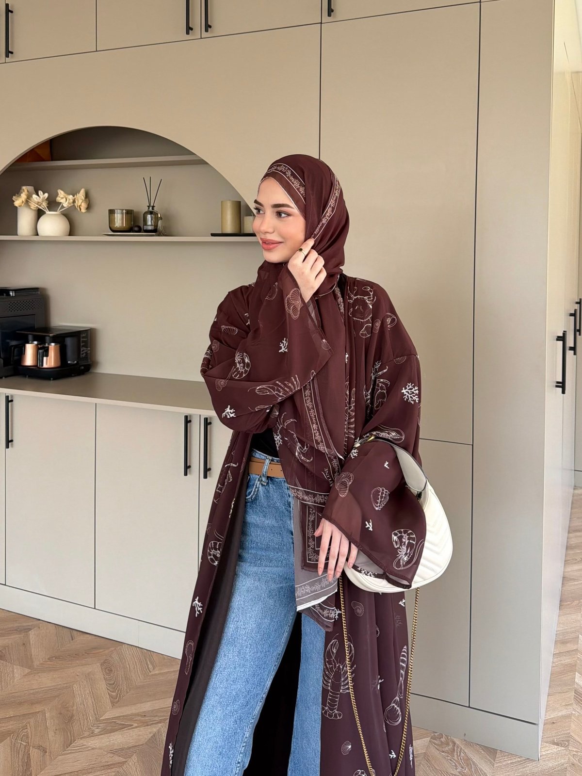 Sharm Şallı Kimono/Abaya Kahve (708)
