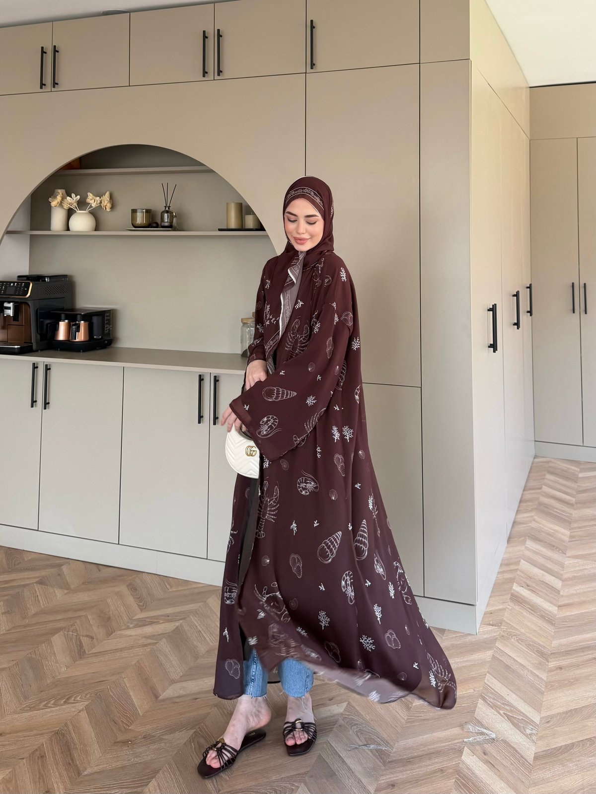 Sharm Şallı Kimono/Abaya Kahve (708)