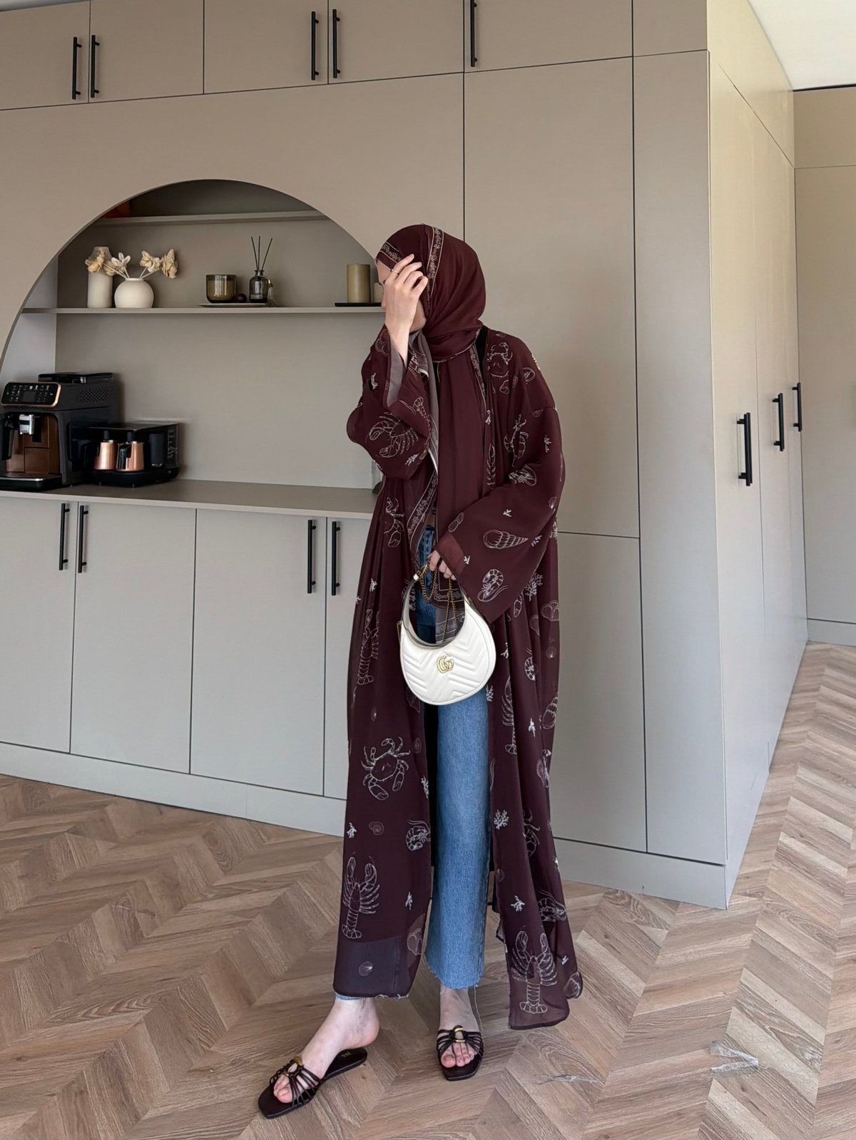 Sharm Şallı Kimono/Abaya Kahve (708)