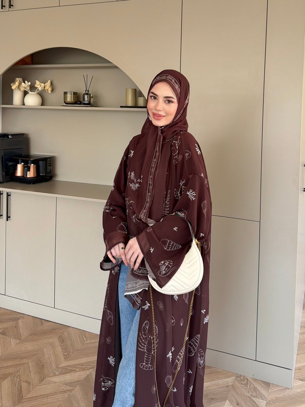 Sharm Şallı Kimono/Abaya Kahve (708)