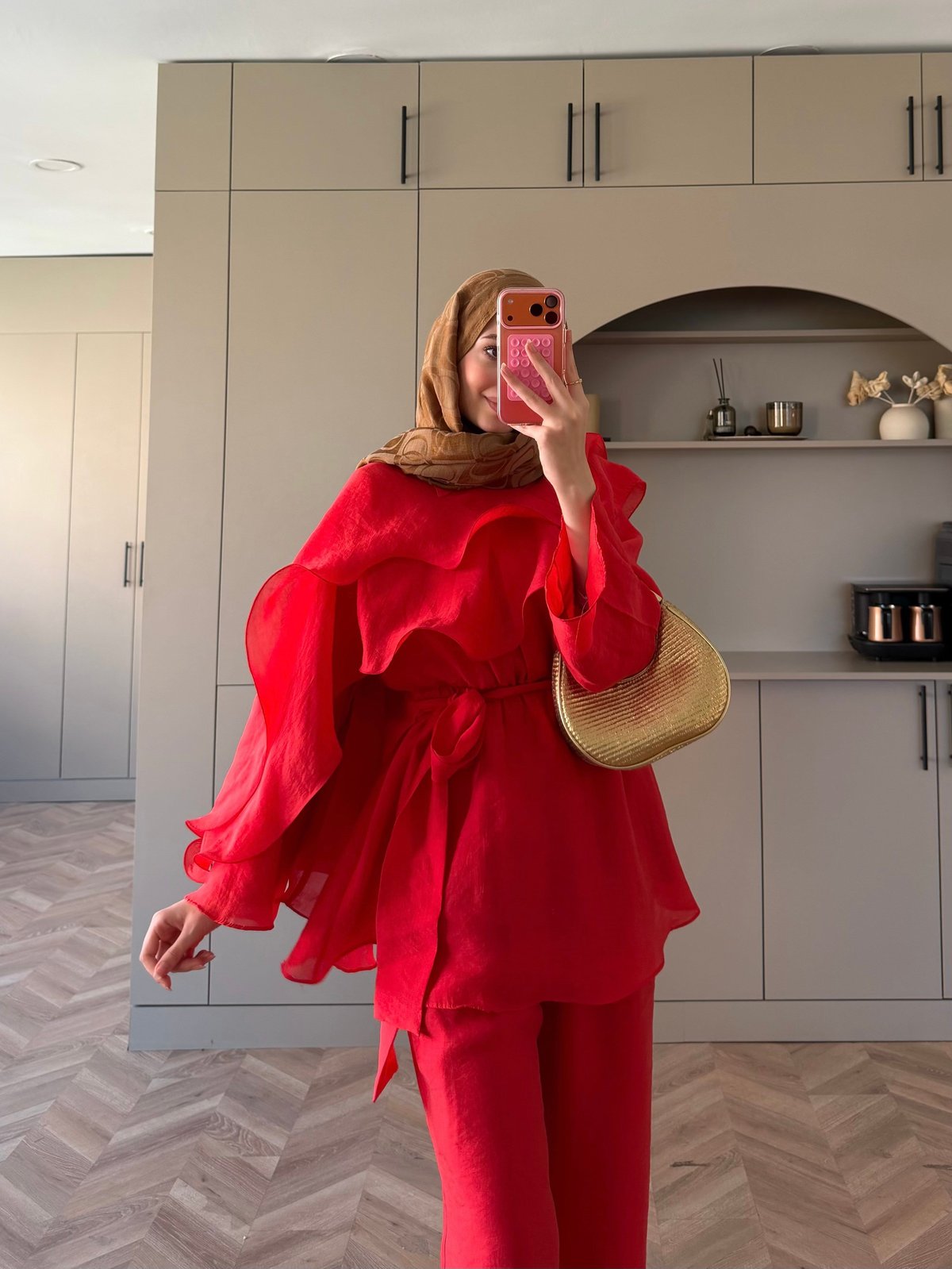 Shirley Fırfırlı Pantolonlu Takım Kırmızı (8615)