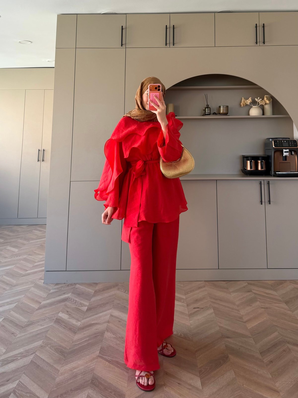 Shirley Fırfırlı Pantolonlu Takım Kırmızı (8615)
