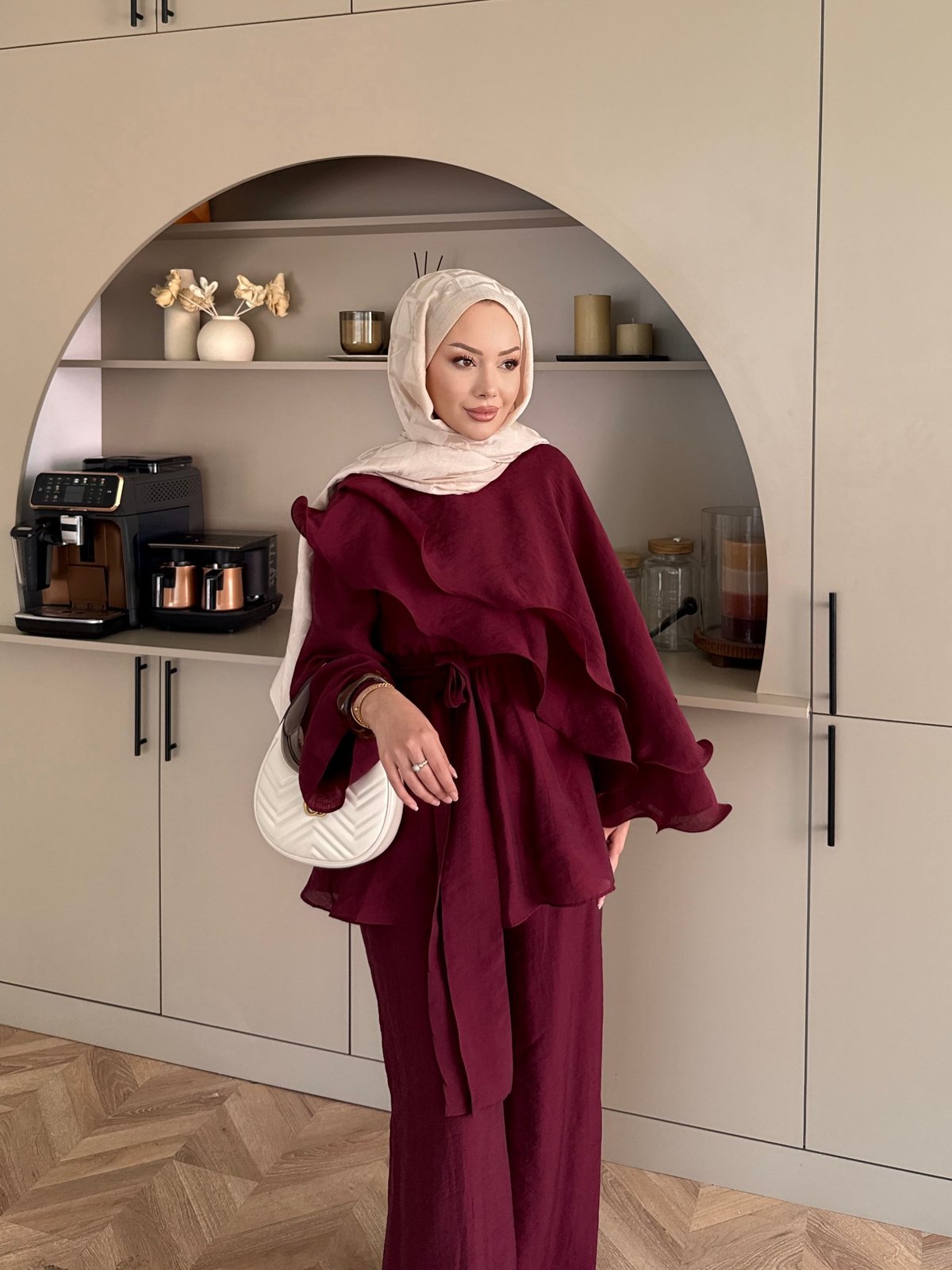 Shirley Fırfırlı Pantolonlu Takım Mürdüm (8615)