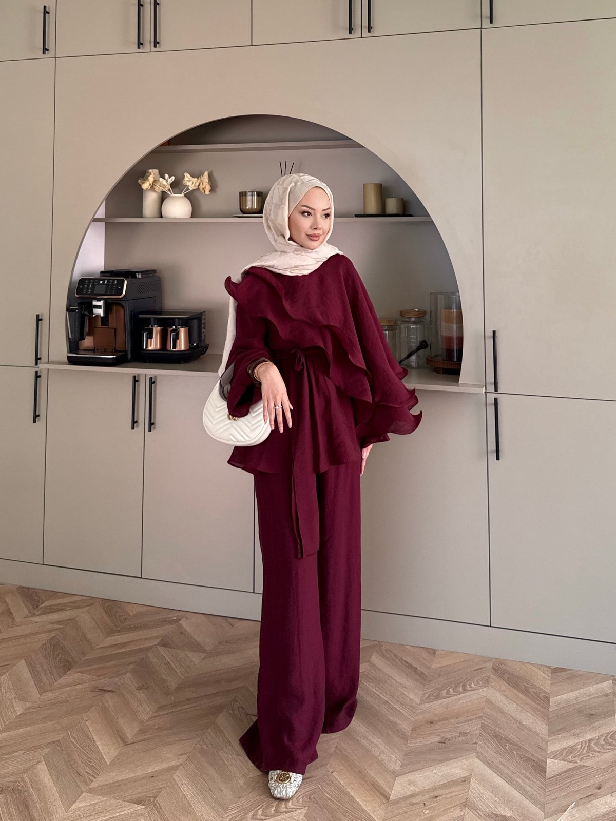 Shirley Fırfırlı Pantolonlu Takım Mürdüm (8615)