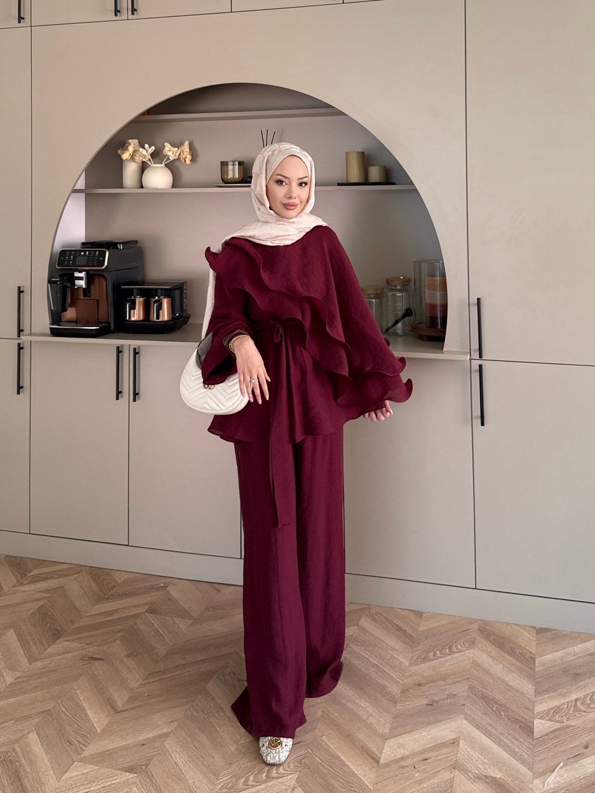 Shirley Fırfırlı Pantolonlu Takım Mürdüm (8615)