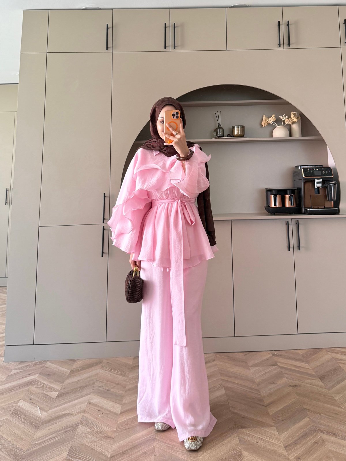 Shirley Fırfırlı Pantolonlu Takım Pembe (8615)
