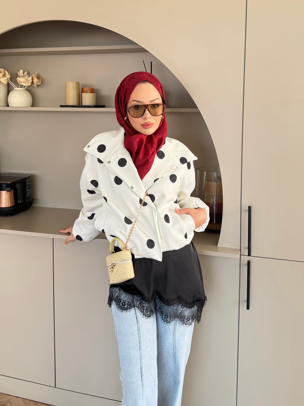 South Dik Yaka Puantiyeli Ceket Siyah-Beyaz