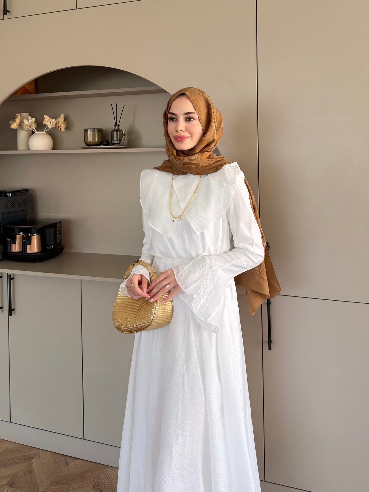 Svetlana Yaka Detaylı Elbise Beyaz (4459)