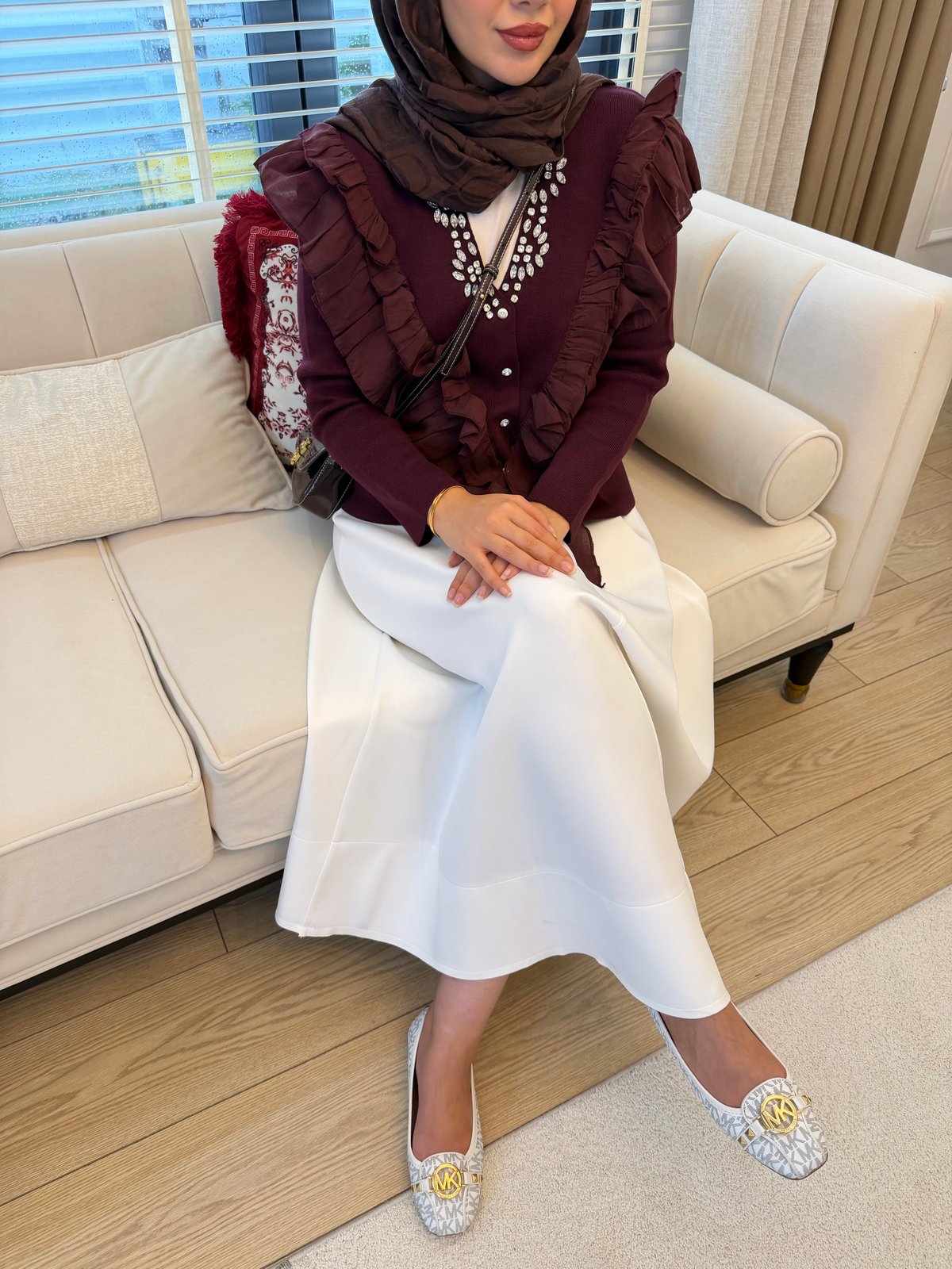 Taşlı Fırfırlı Örme Triko Hırka Mürdüm (2030)