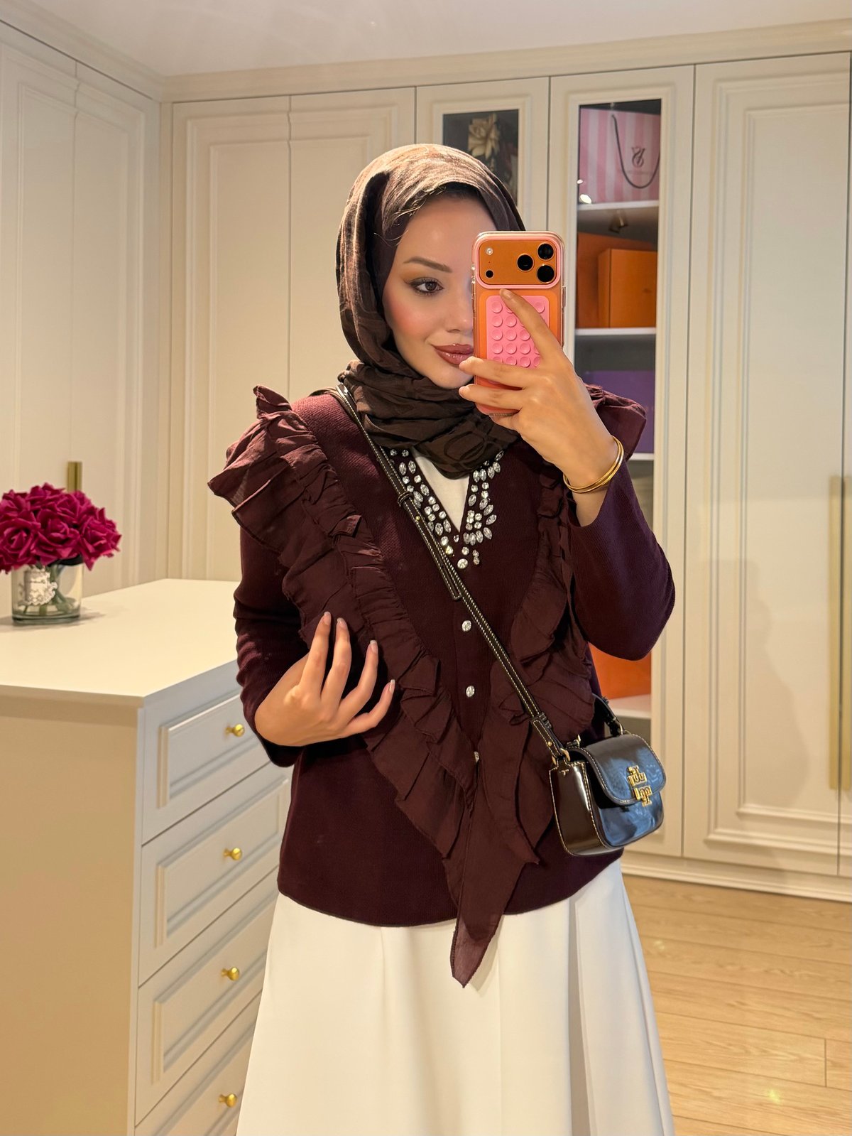 Taşlı Fırfırlı Örme Triko Hırka Mürdüm (2030)