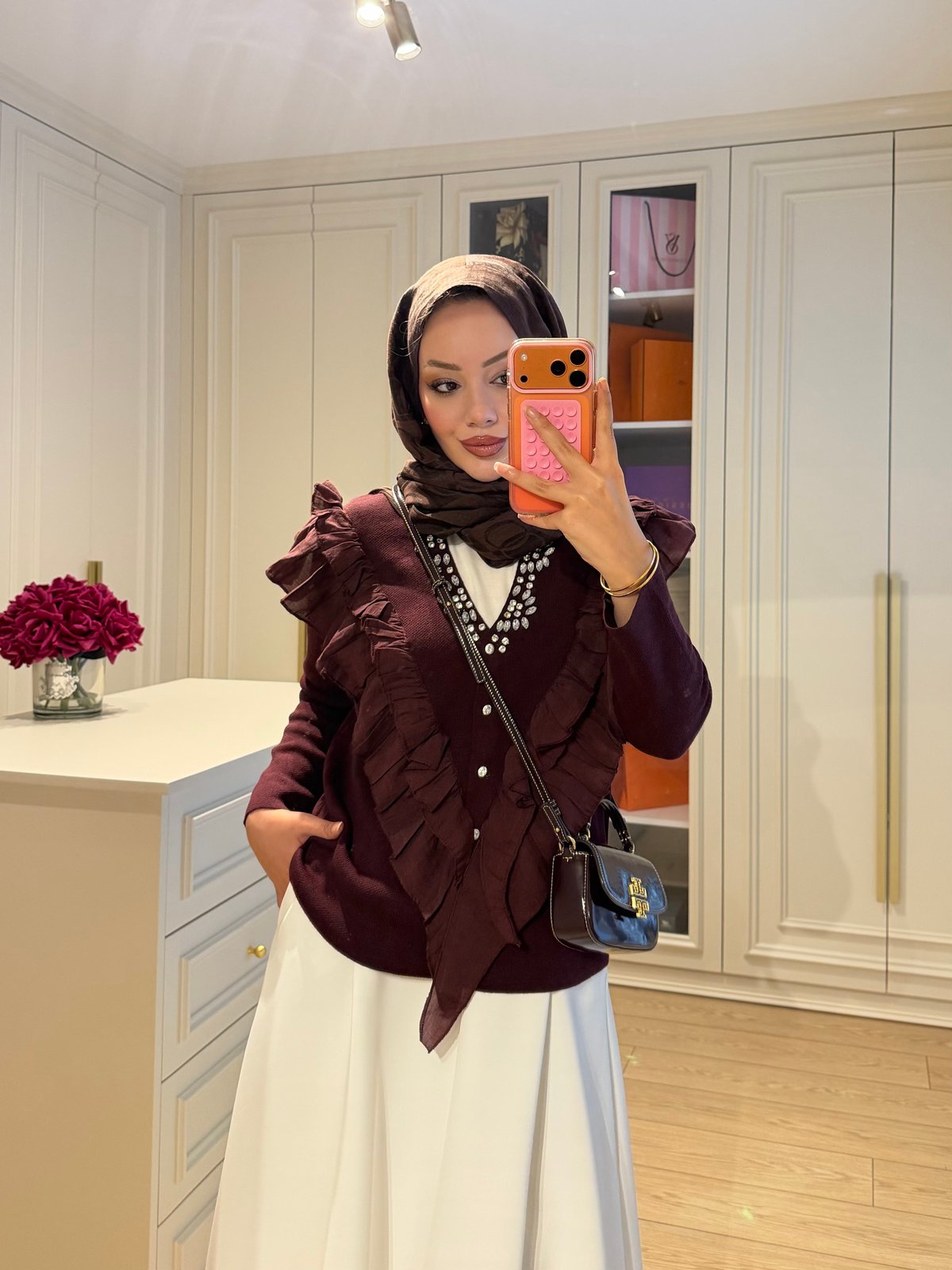 Taşlı Fırfırlı Örme Triko Hırka Mürdüm (2030)