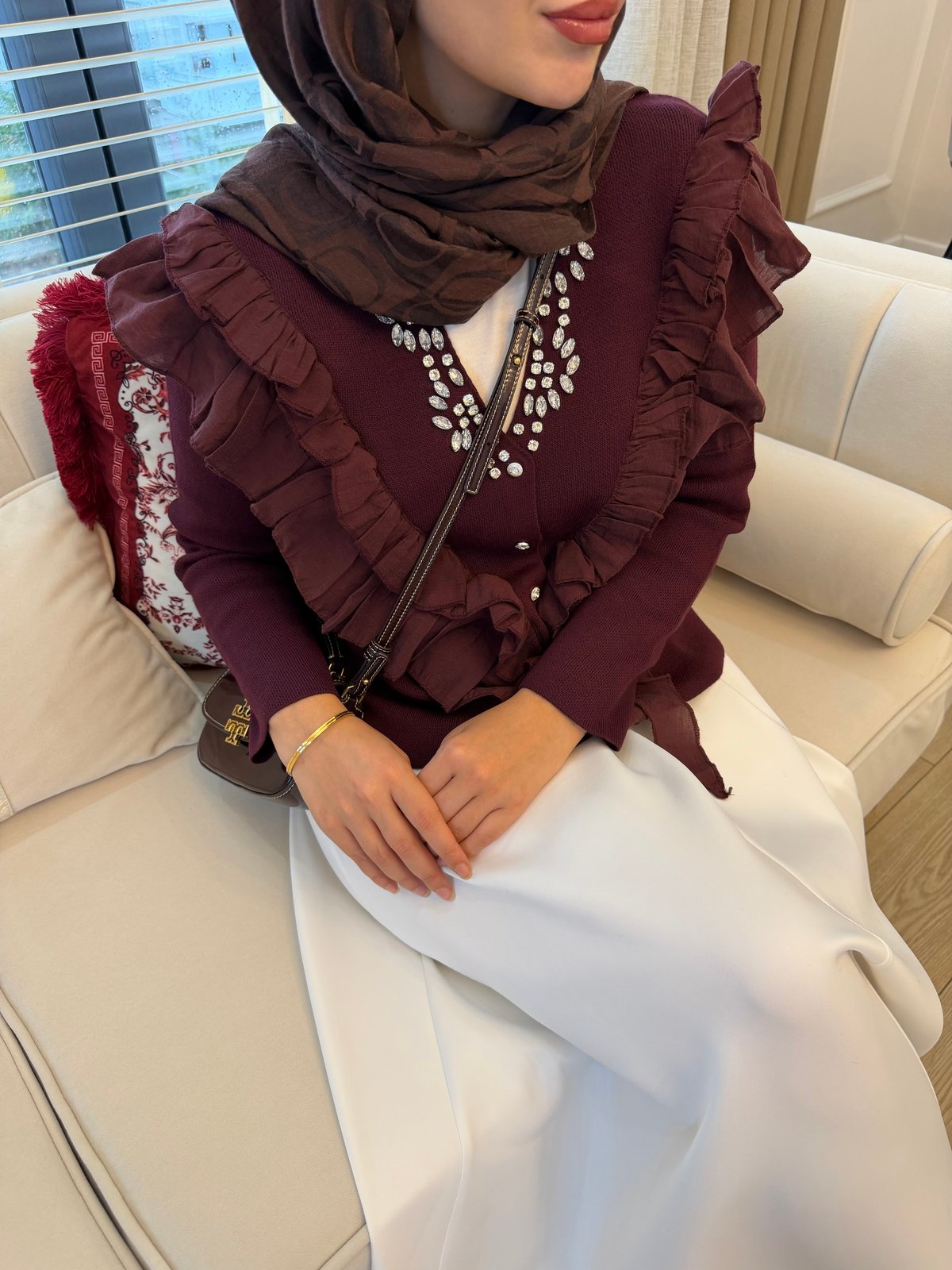 Taşlı Fırfırlı Örme Triko Hırka Mürdüm (2030)