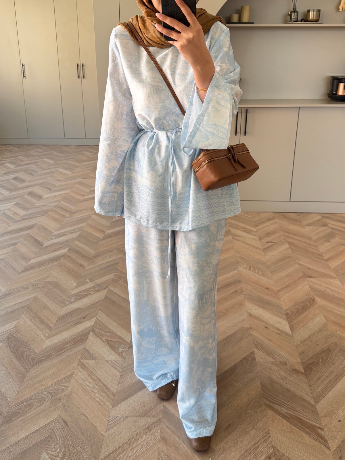 Toile Desenli Pantolonlu Takım Bebe Mavisi (4525)
