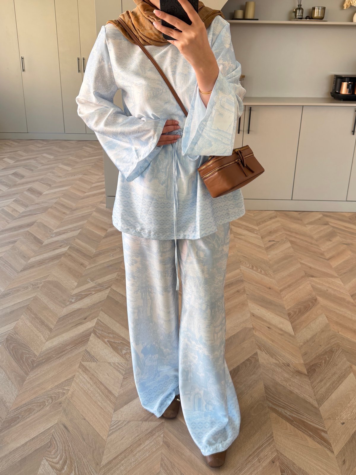 Toile Desenli Pantolonlu Takım Bebe Mavisi (4525)