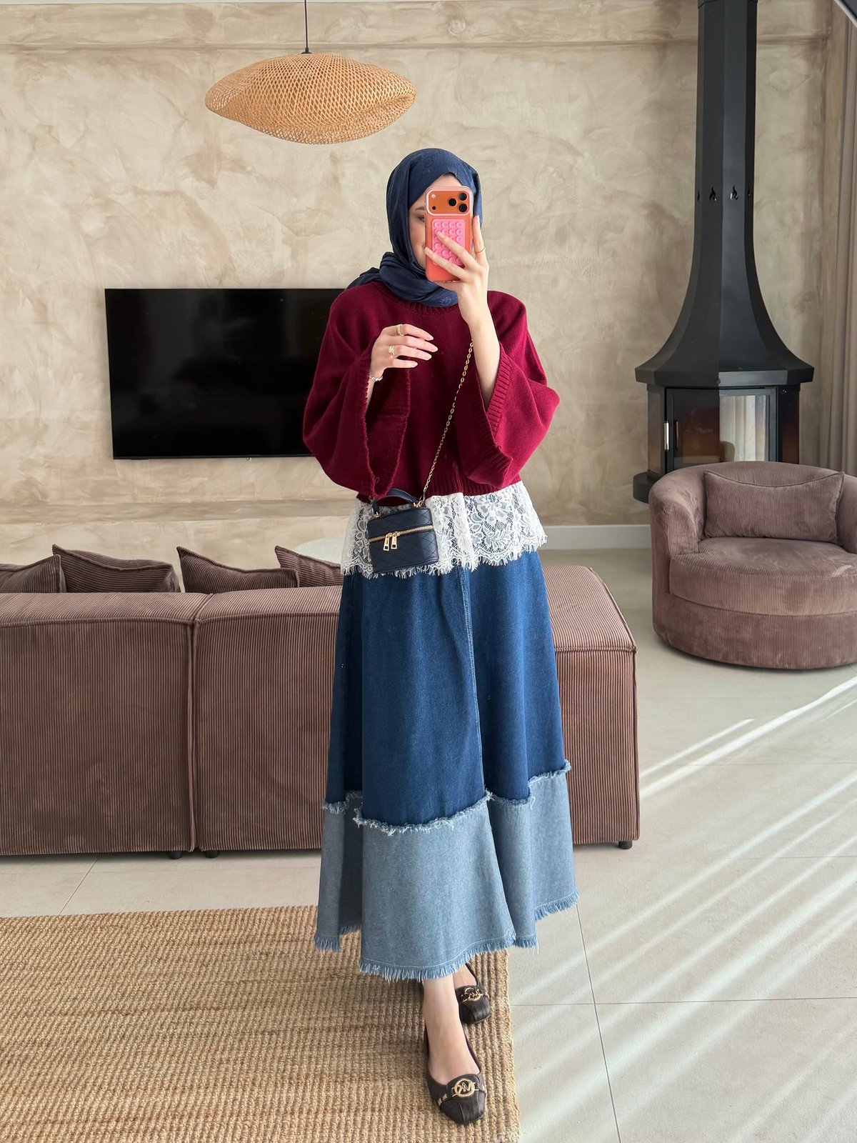 Yarasakol Dantel Detaylı Kazak Bordo