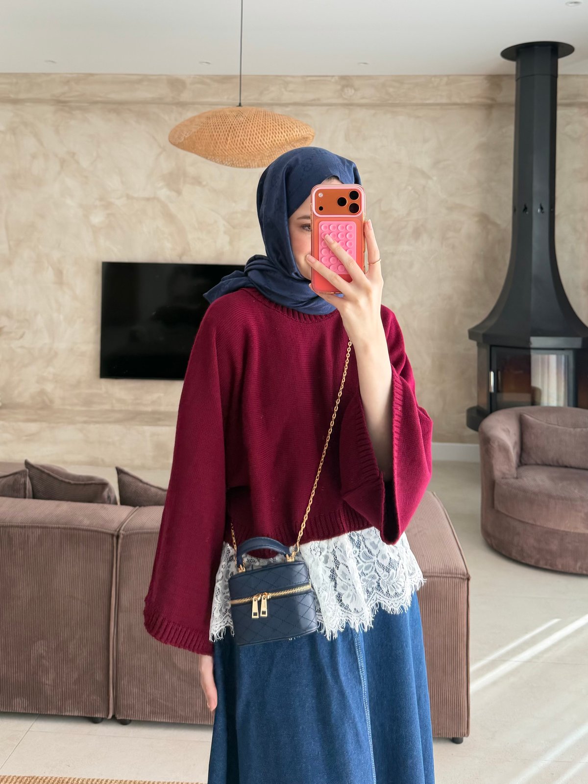 Yarasakol Dantel Detaylı Kazak Bordo