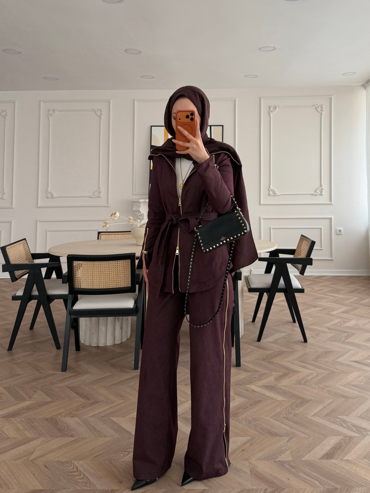 Yelena Fermuar Detaylı Pantolonlu Kot Takım Bordo (629)