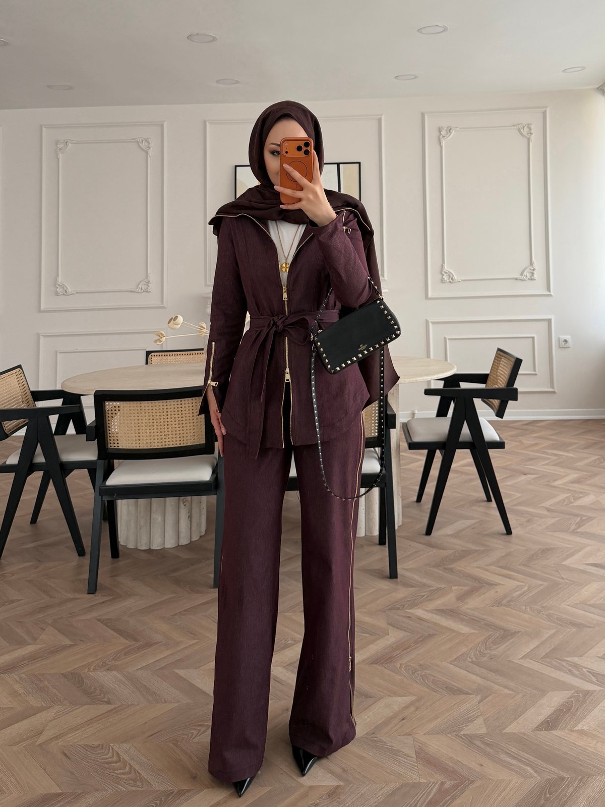 Yelena Fermuar Detaylı Pantolonlu Kot Takım Bordo (629)