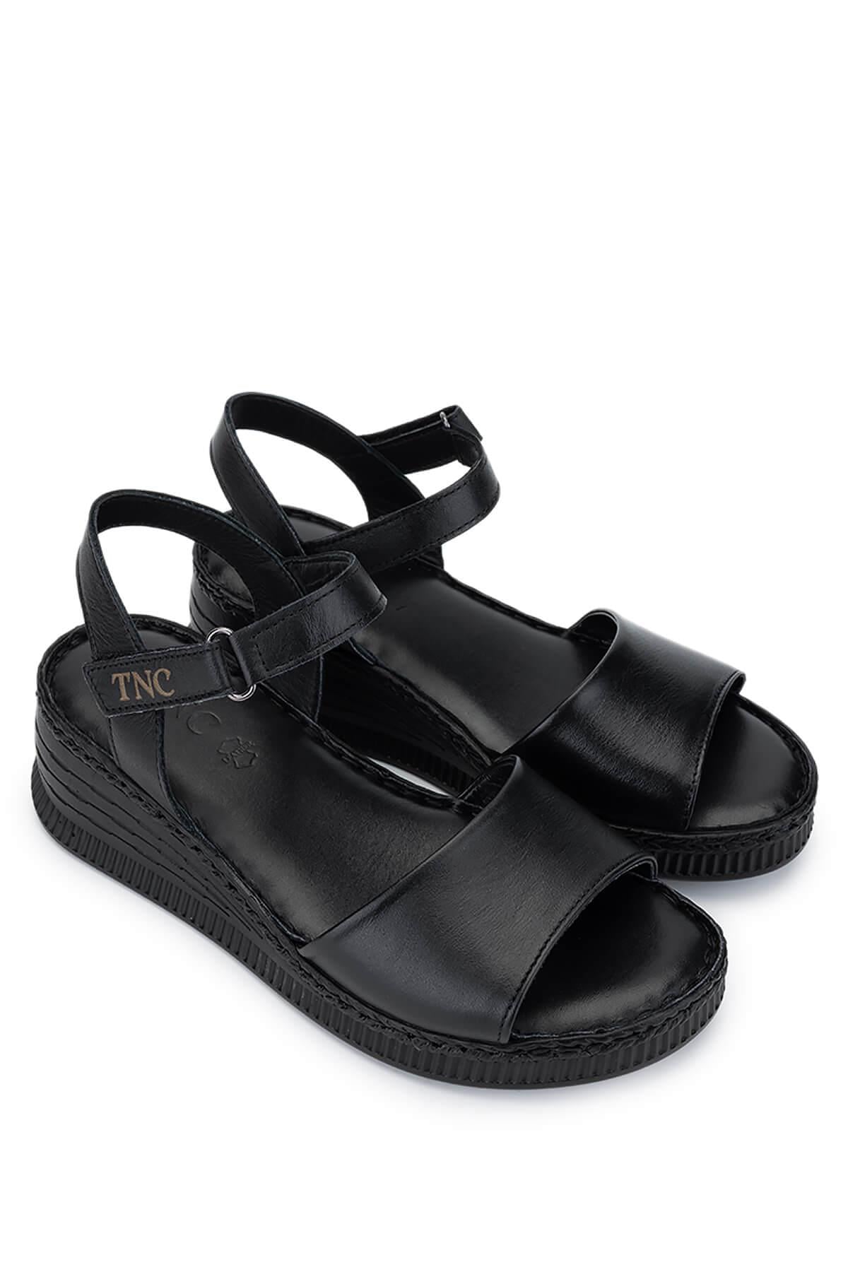 Tamer Tanca Kadın Hakiki Deri Siyah Deri Comfort Sandalet