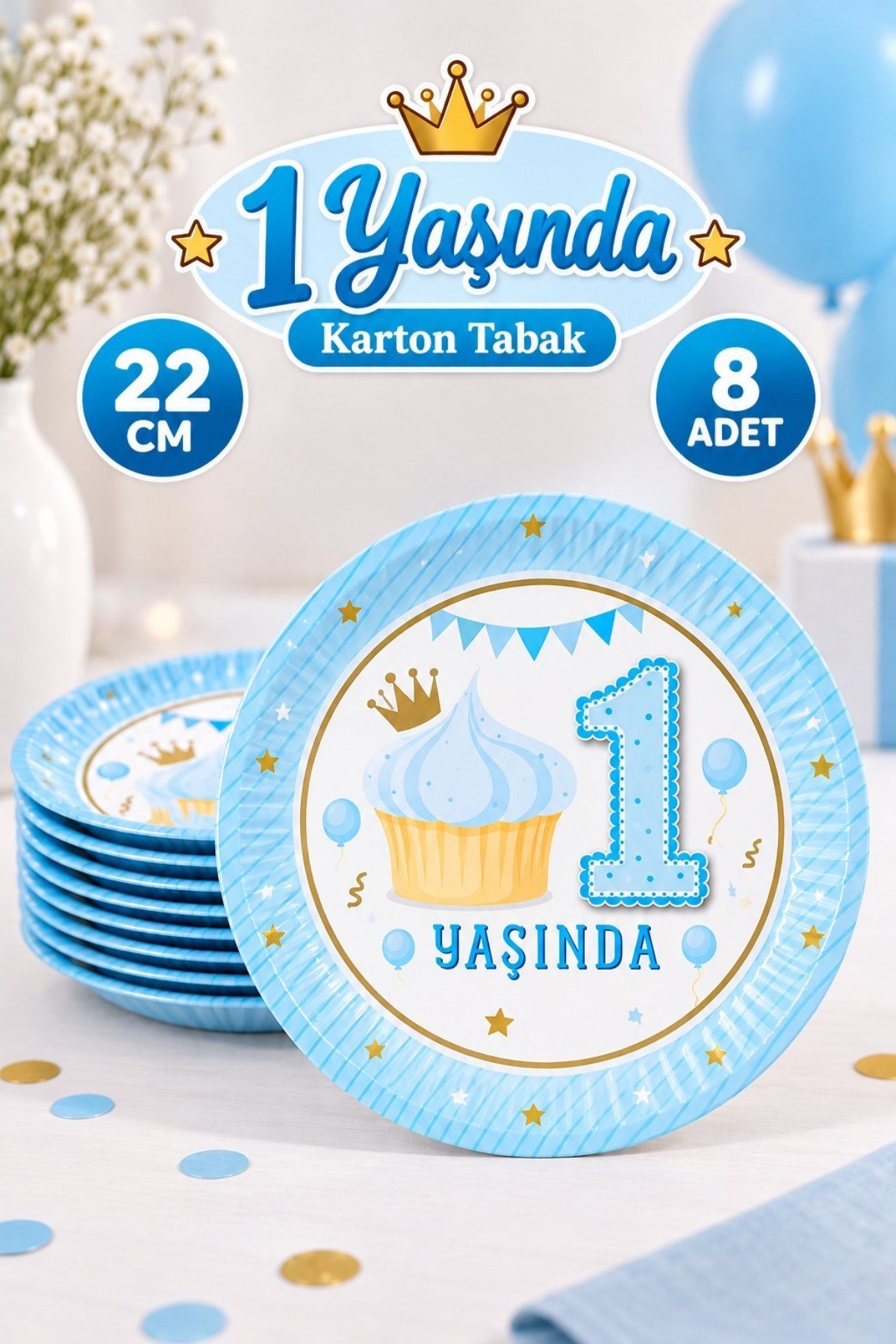 1 Yaş Mavi Temalı Tabak 8 Adet Erkek Karakter Konsept Lisanslı Doğum Günü Parti Tabağı 23 Cm
