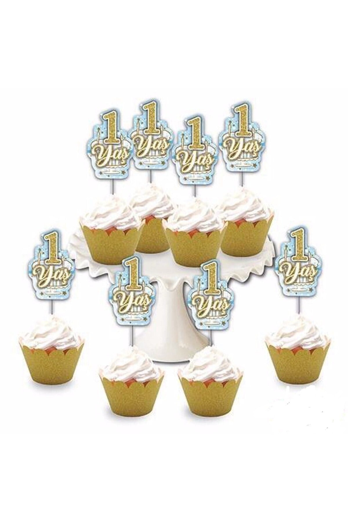 1 Yaş Temalı Mavi 8li Simli Deluxe Muffin Kalıbı Kürdanı Ikramlık Dekoratif Konsept