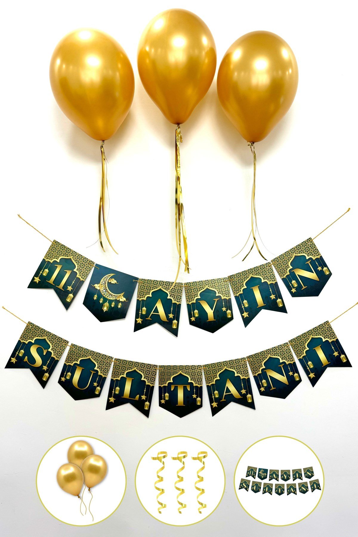 11 Ayın Sultanı Yazısı + 3 Gold Metalik Balon + Balon İpi Süsleme Seti İslami Ramazan Bayramı Süsü