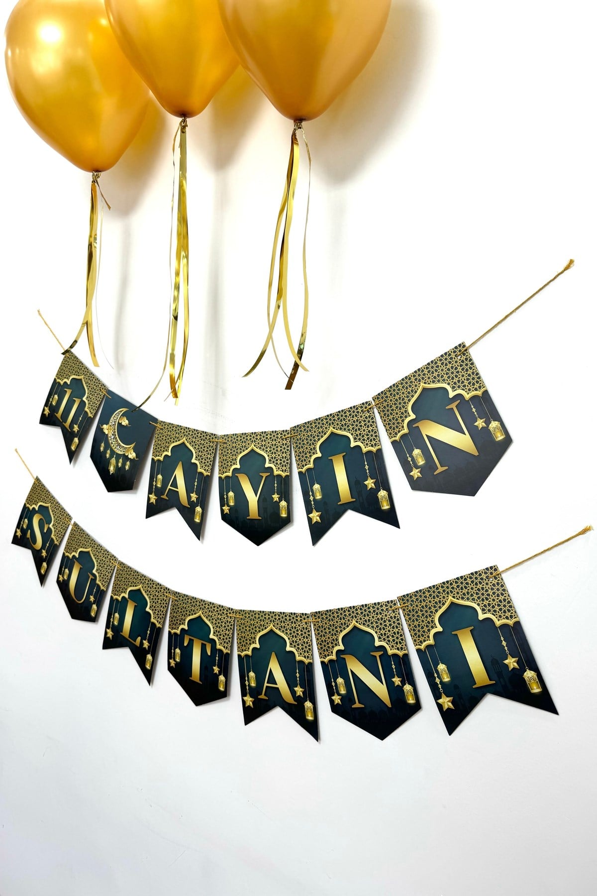 11 Ayın Sultanı Yazısı + 3 Gold Metalik Balon + Balon İpi Süsleme Seti İslami Ramazan Bayramı Süsü