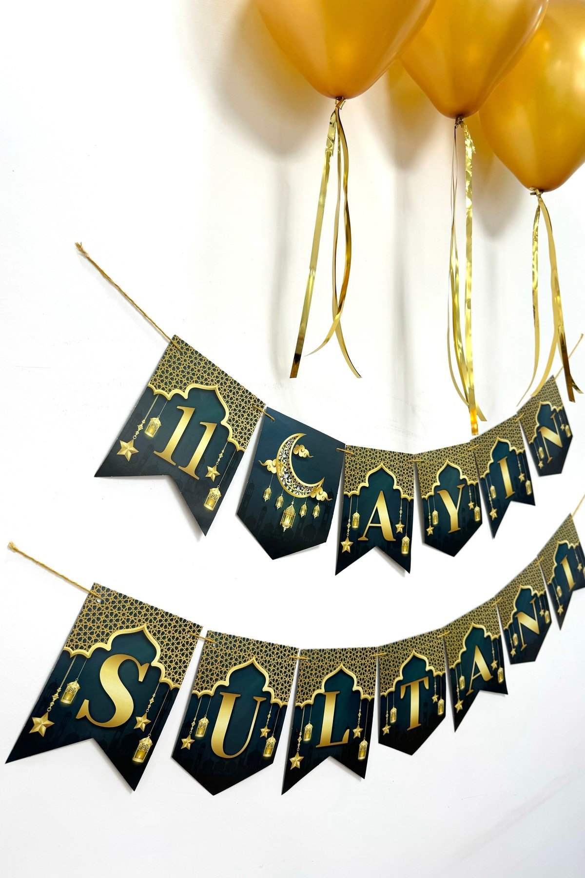 11 Ayın Sultanı Yazısı + 3 Gold Metalik Balon + Balon İpi Süsleme Seti İslami Ramazan Bayramı Süsü
