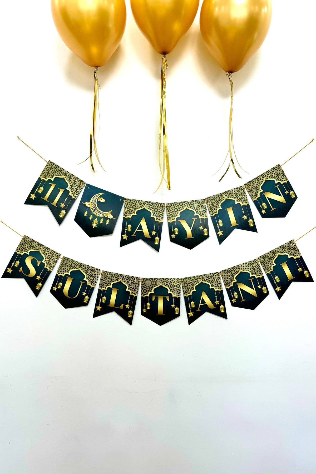 11 Ayın Sultanı Yazısı + 3 Gold Metalik Balon + Balon İpi Süsleme Seti İslami Ramazan Bayramı Süsü
