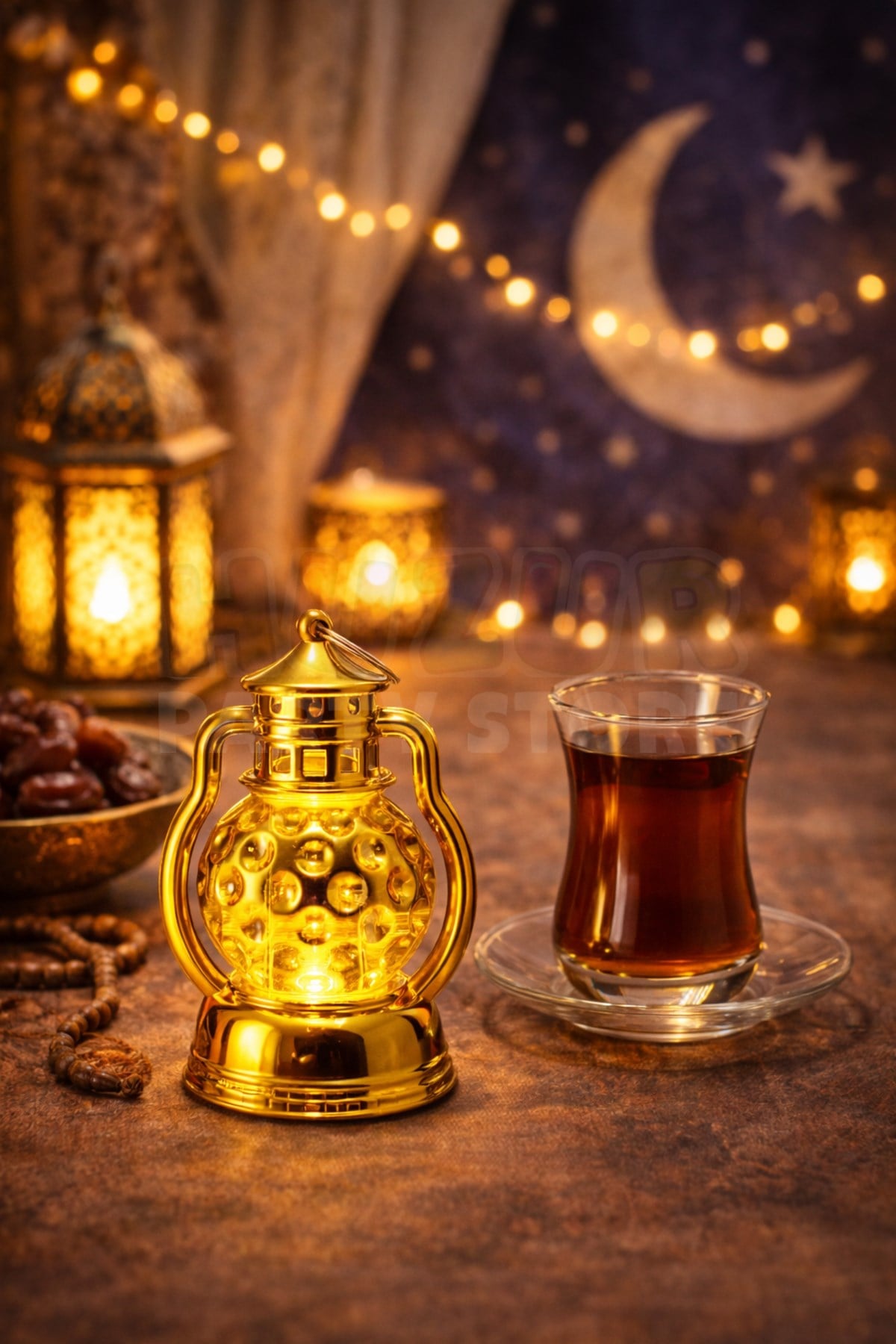11 Cm Işıklı Ramazan Feneri Süsü İslami Desenli Gold Pilli Sert Plastik Askılı Ramazan Dekoratif Süs