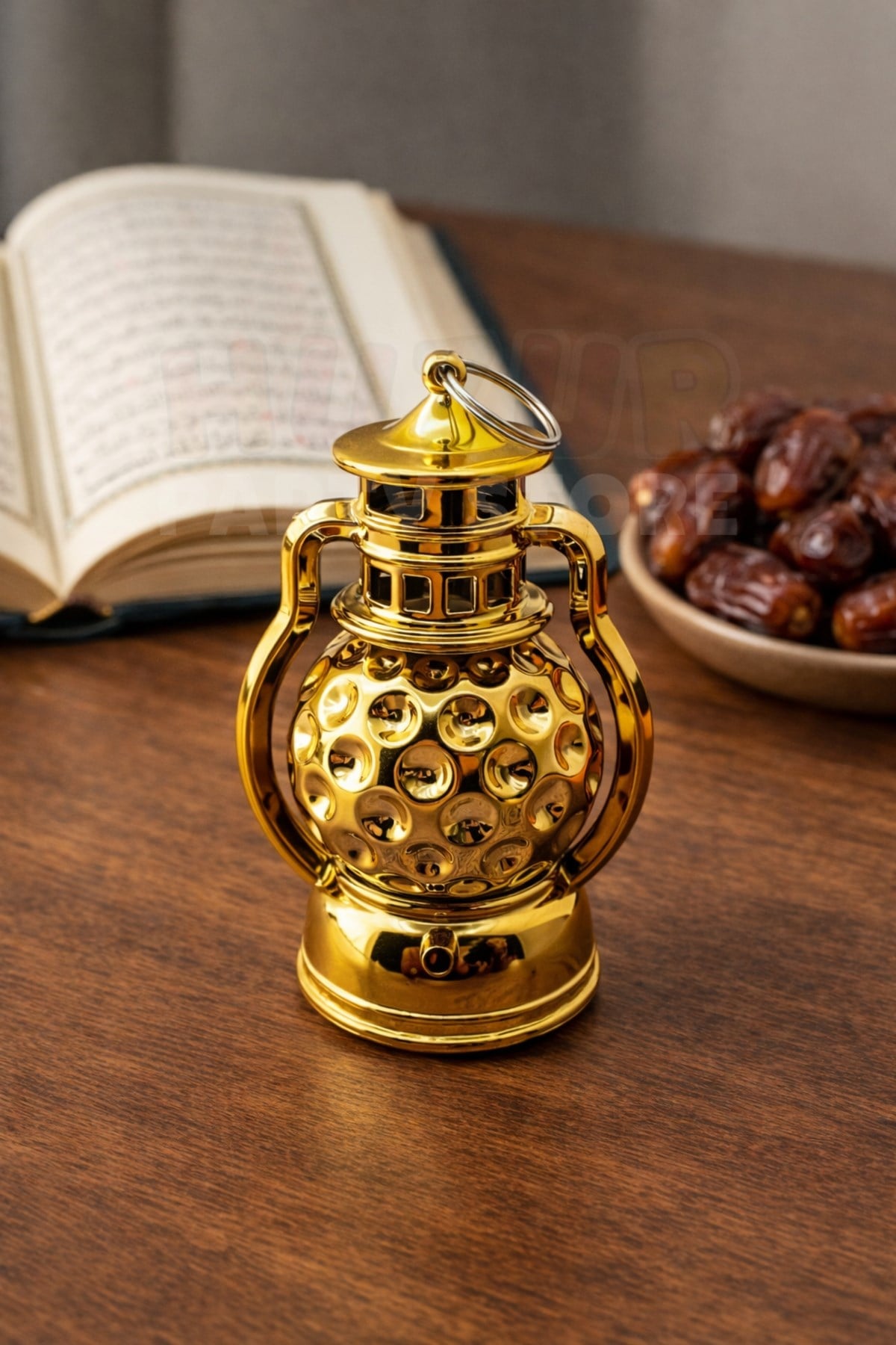 11 Cm Işıklı Ramazan Feneri Süsü İslami Desenli Gold Pilli Sert Plastik Askılı Ramazan Dekoratif Süs