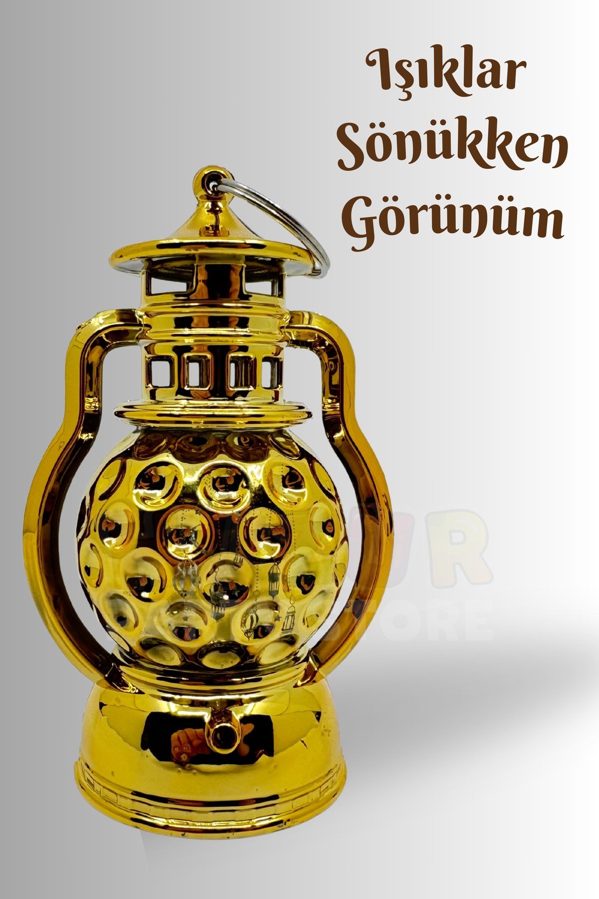11 Cm Işıklı Ramazan Feneri Süsü İslami Desenli Gold Pilli Sert Plastik Askılı Ramazan Dekoratif Süs
