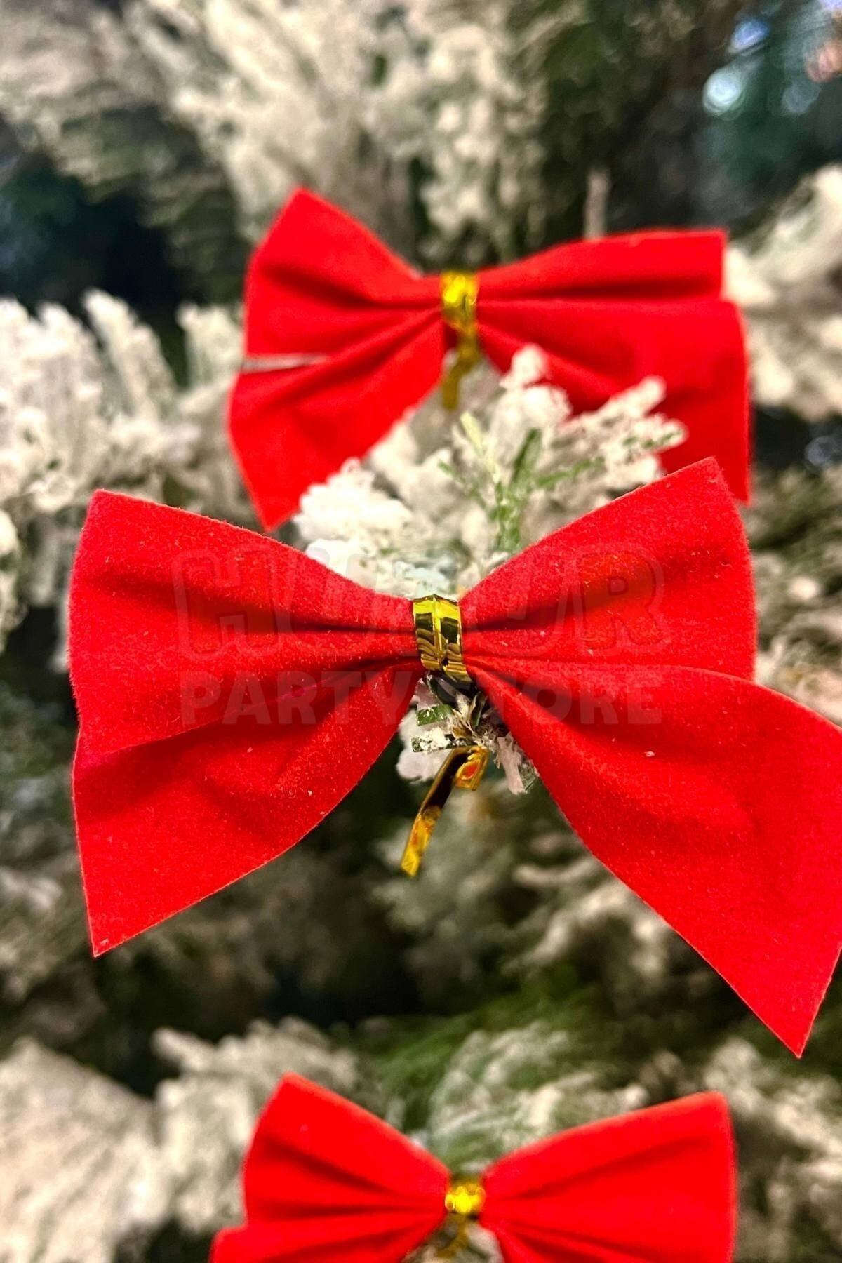 12li Kadife Fiyonk Yılbaşı Yeni Yıl Ağacı Süsü Kırmızı Renkli Gold Ipli Çam Ağacı Süsleri 5x5 Cm