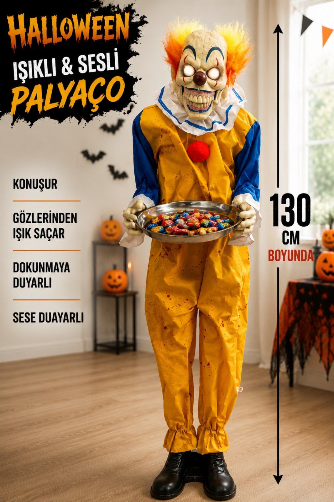 130 cm Ağzı Hareketli Gözleri Işıklı Konuşan Palyaço Joker Şekerlik Halloween Cadılar Bayramı Dekoru