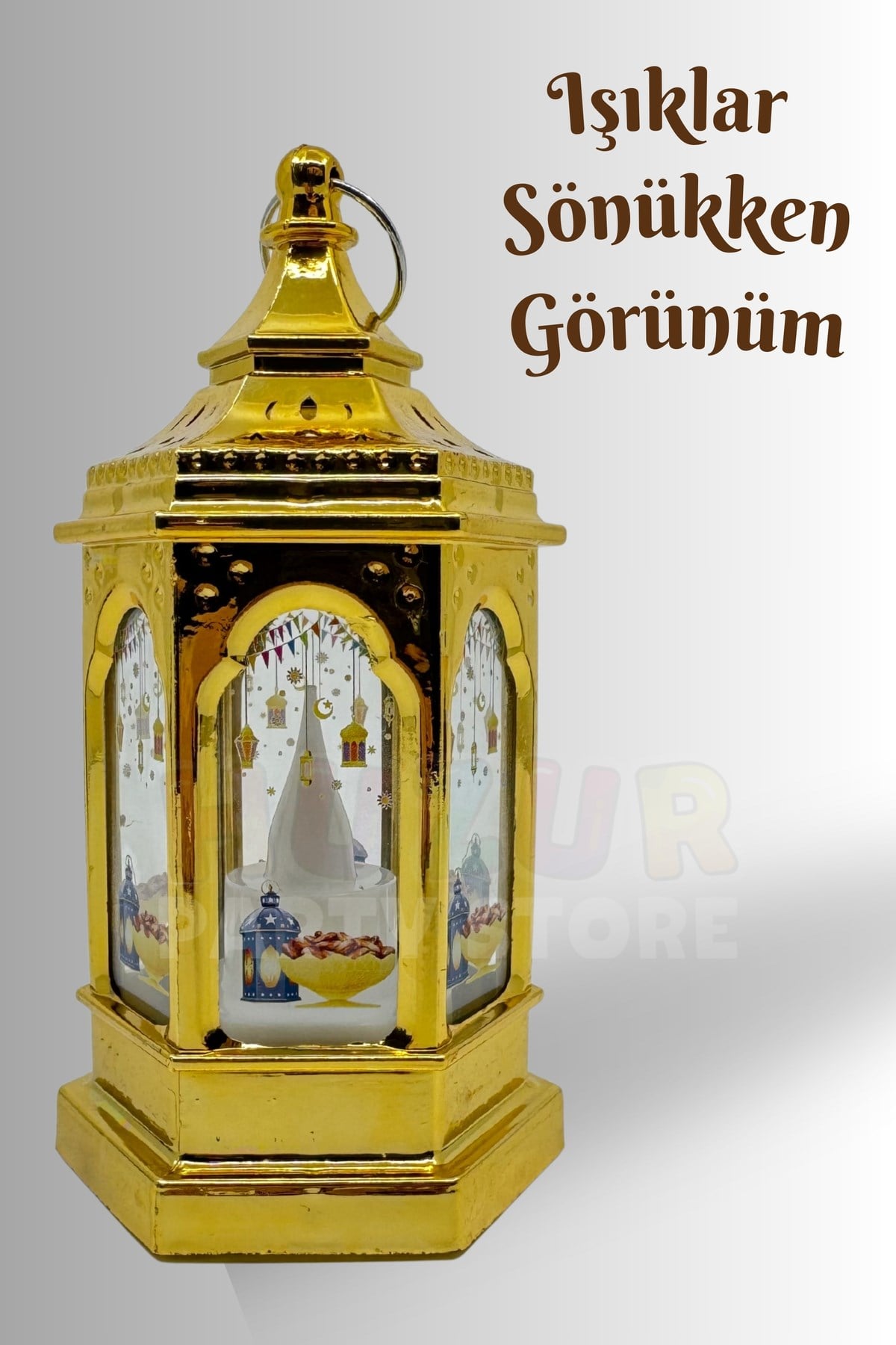 13,5 Cm Işıklı Ramazan Feneri Hurma Fener Desenli Gold Pilli Sert Plastik Askılı Ramazan Dekoru Süsü
