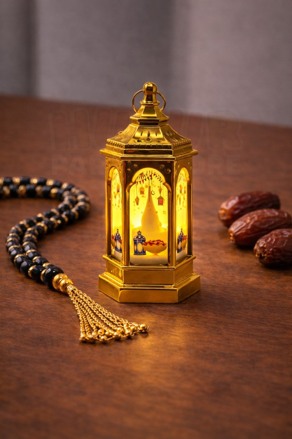13,5 Cm Işıklı Ramazan Feneri Hurma Fener Desenli Gold Pilli Sert Plastik Askılı Ramazan Dekoru Süsü