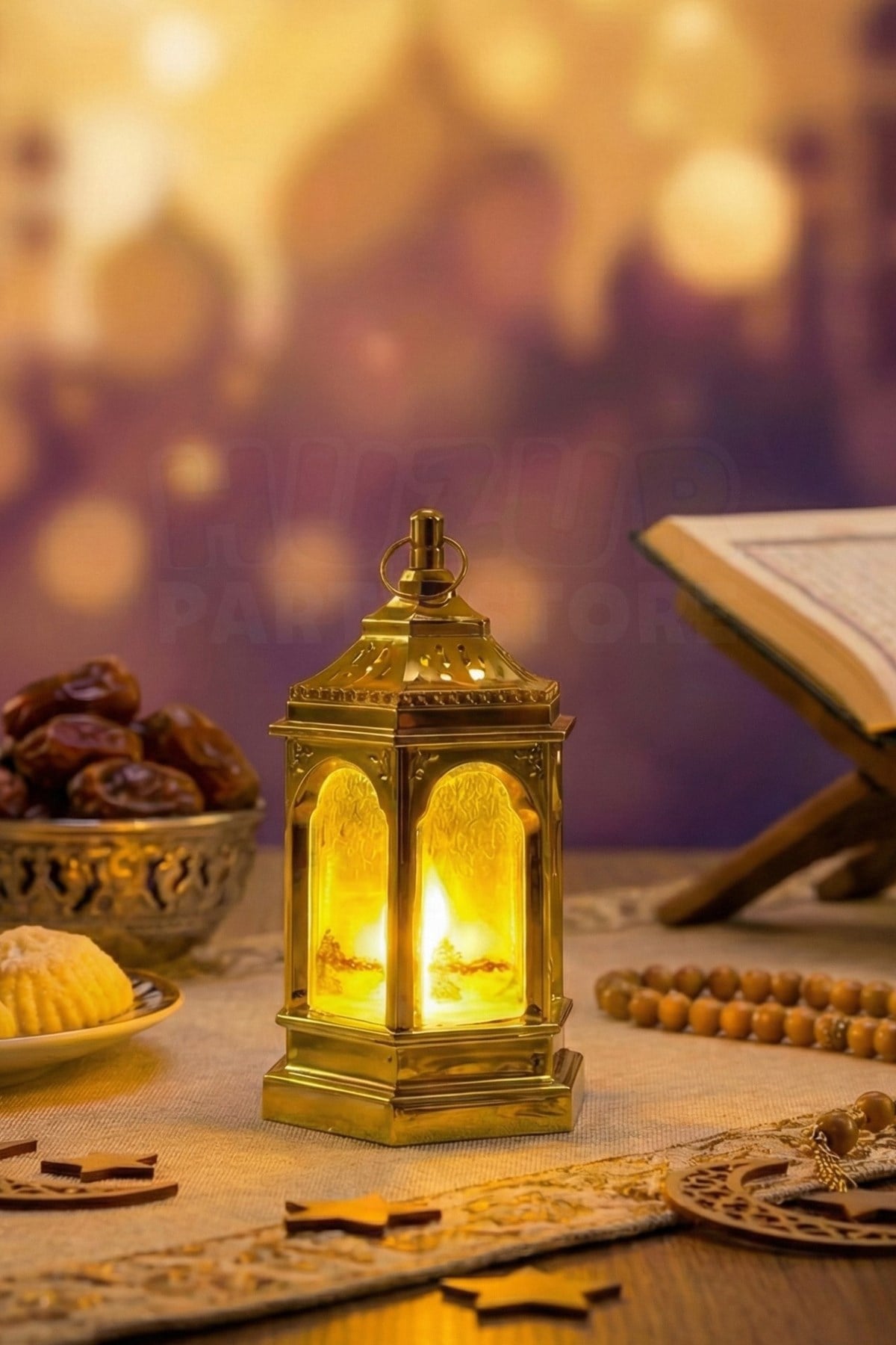 13,5 Cm Işıklı Ramazan Feneri Hurma Fener Desenli Gold Pilli Sert Plastik Askılı Ramazan Dekoru Süsü