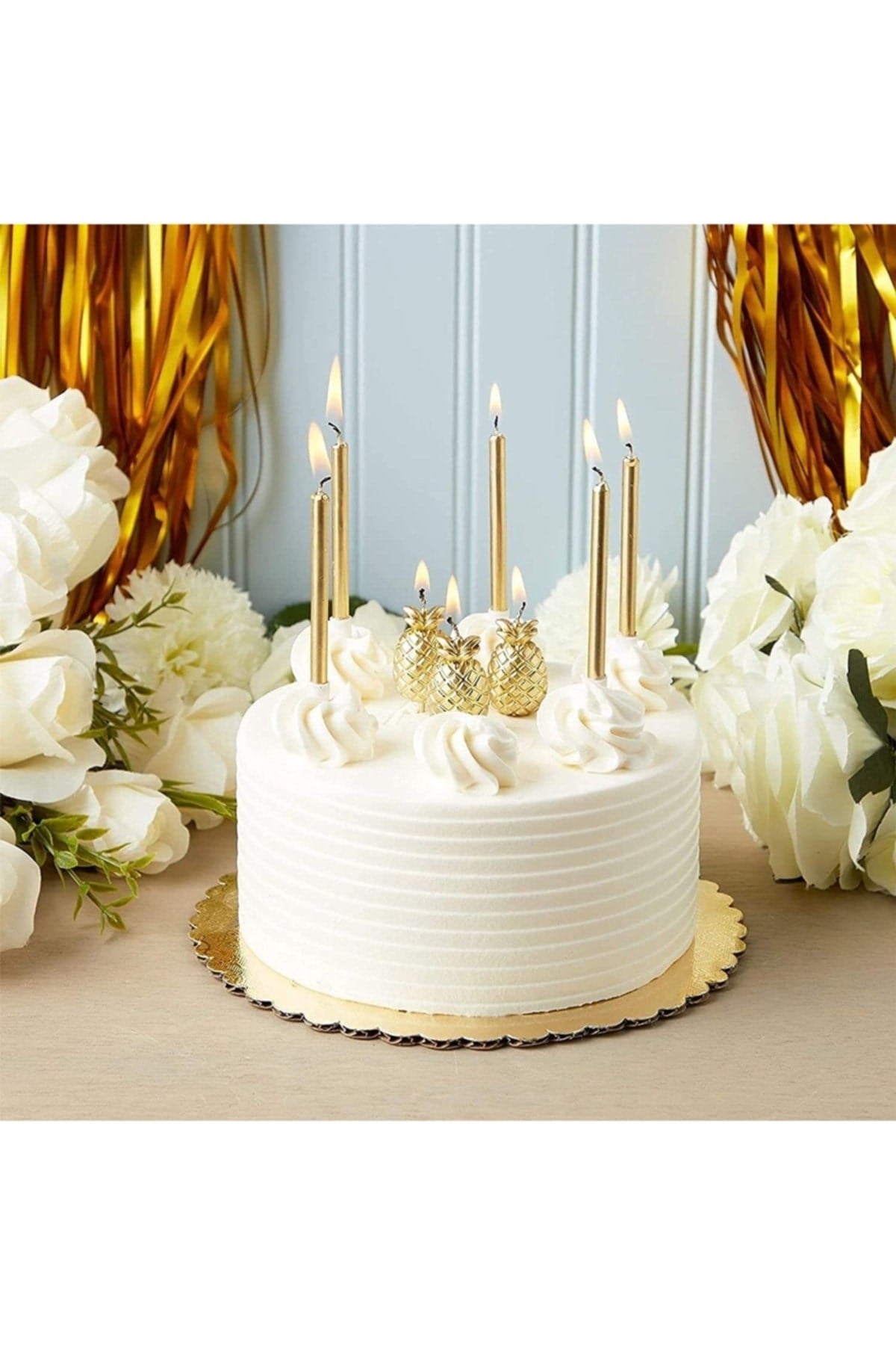 14 Cm Gold Varaklı Mum 6lı Altın Sarısı Ince Uzun Doğum Günü Parti Süsü Pasta Yaş Mumu Ve Altlığı