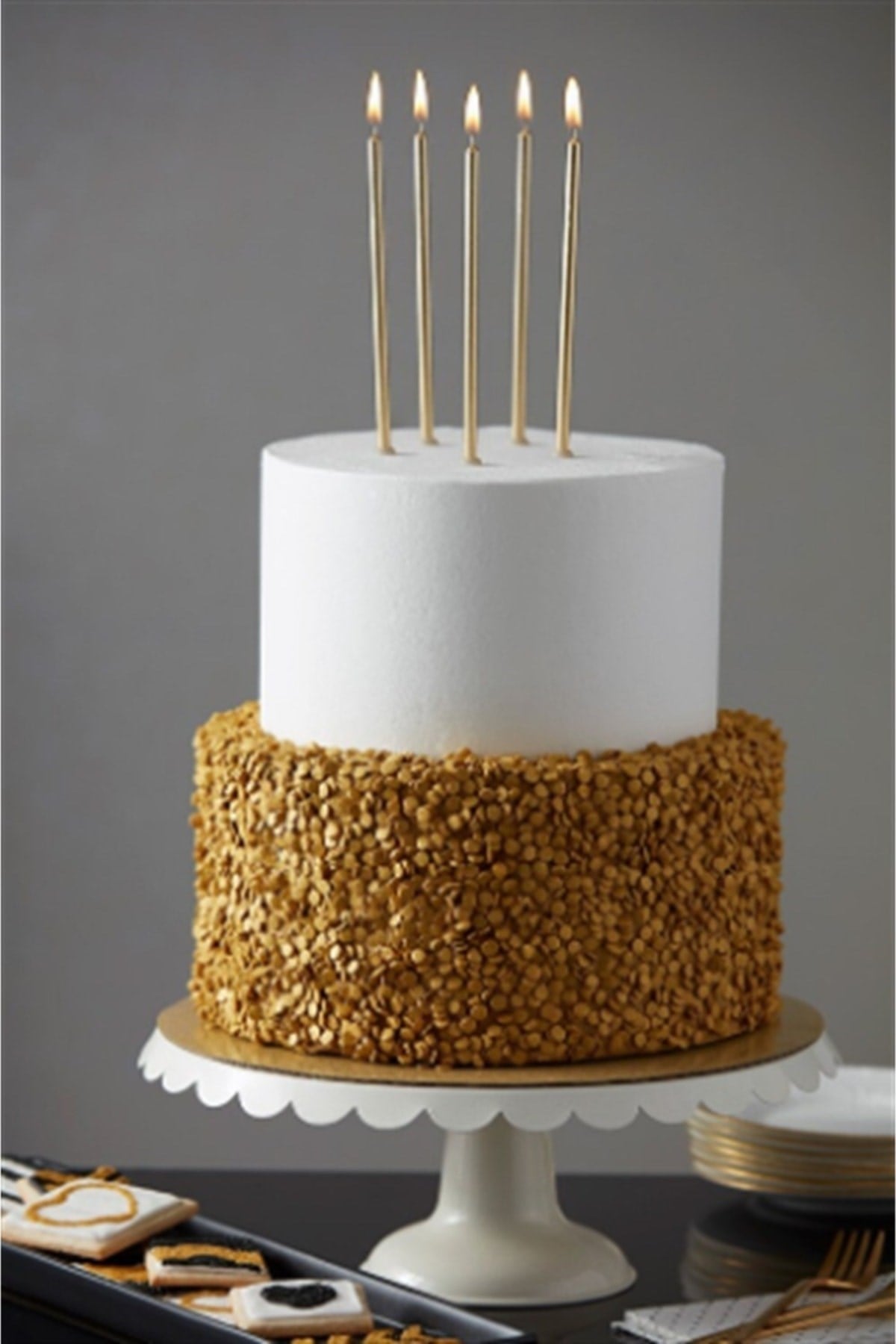 14 Cm Gold Varaklı Mum 6lı Altın Sarısı Ince Uzun Doğum Günü Parti Süsü Pasta Yaş Mumu Ve Altlığı