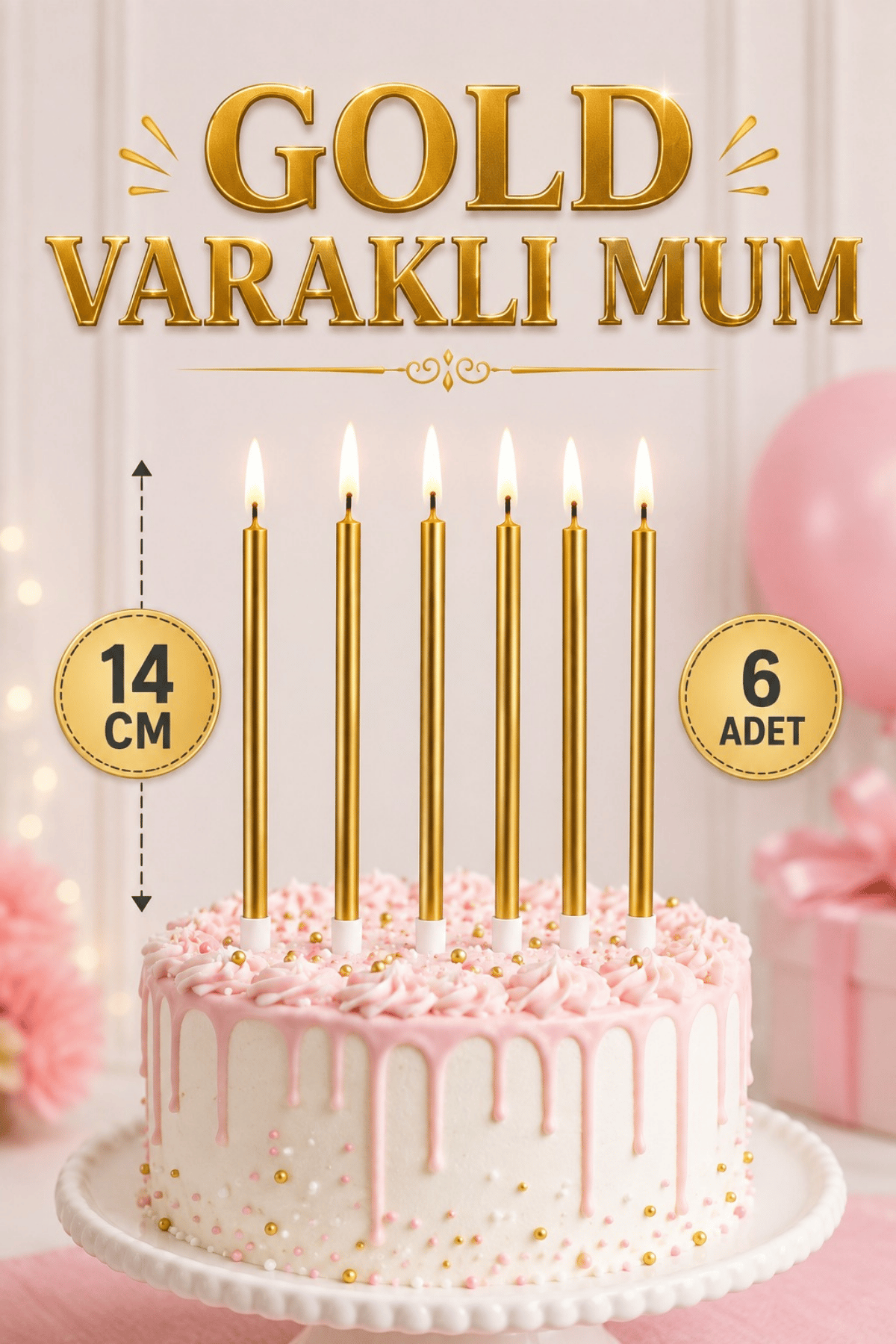 14 Cm Gold Varaklı Mum 6lı Altın Sarısı Ince Uzun Doğum Günü Parti Süsü Pasta Yaş Mumu Ve Altlığı