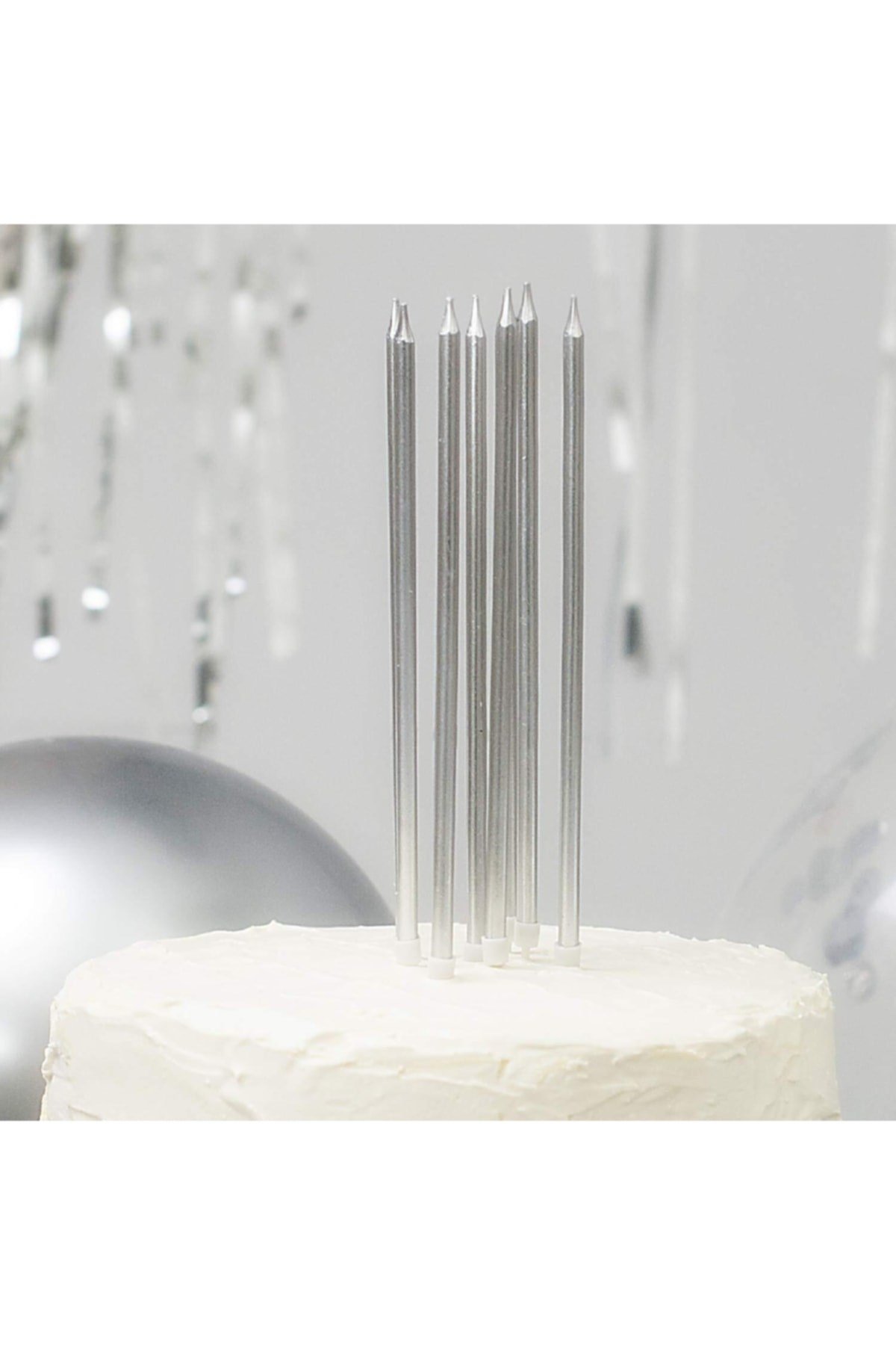 14 Cm Gümüş Varaklı Mum 6lı Gri Silver Ince Uzun Doğum Günü Parti Süsü Pasta Yaş Mumu Ve Altlığı