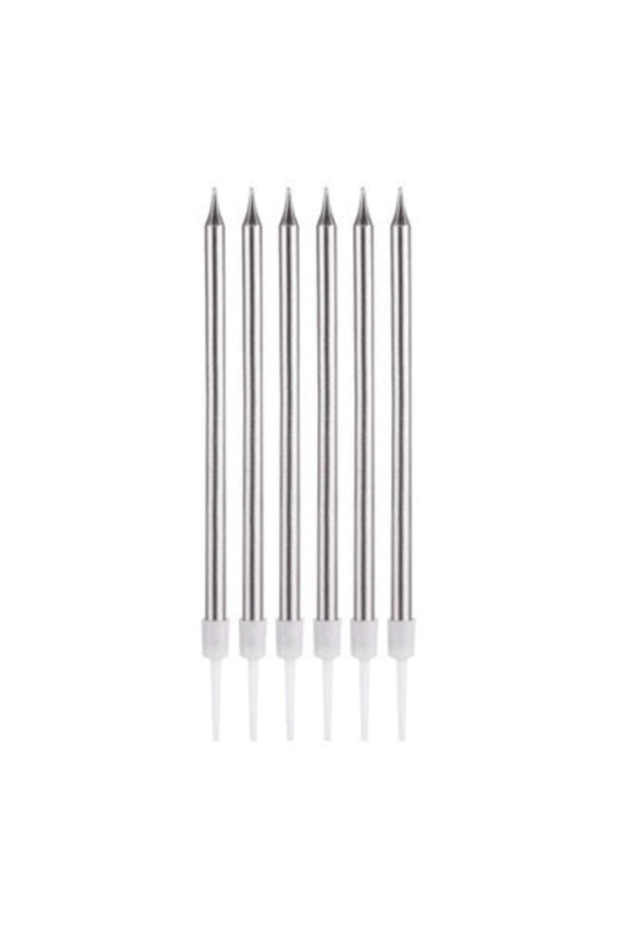 14 Cm Gümüş Varaklı Mum 6lı Gri Silver Ince Uzun Doğum Günü Parti Süsü Pasta Yaş Mumu Ve Altlığı