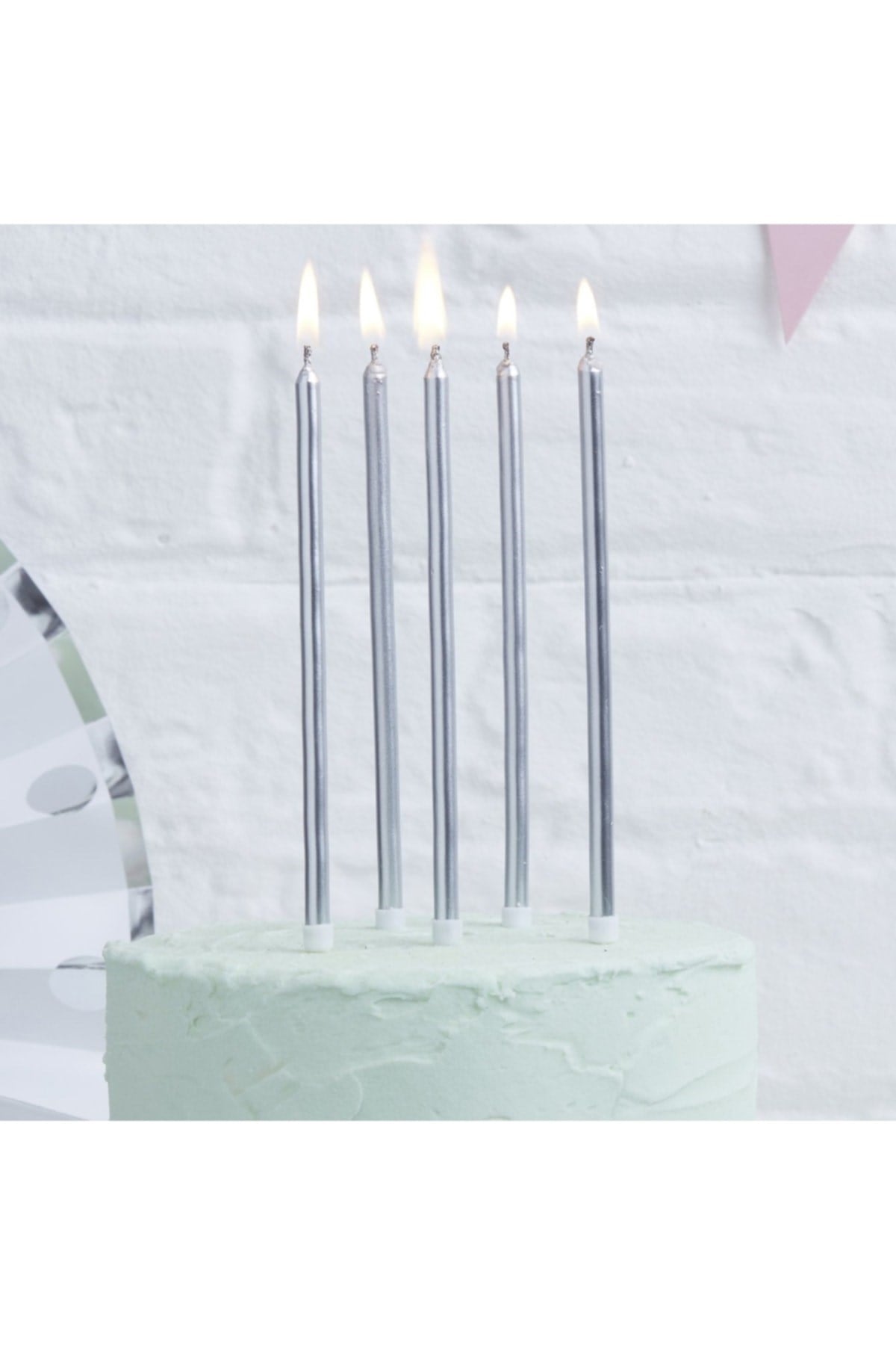 14 Cm Gümüş Varaklı Mum 6lı Gri Silver Ince Uzun Doğum Günü Parti Süsü Pasta Yaş Mumu Ve Altlığı