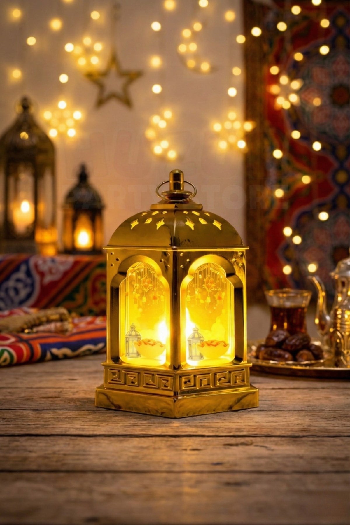14 Cm Işıklı Ramazan Feneri Hurma Fener Desenli Gold Pilli Sert Plastik Askılı Ramazan Dekoru Süsü