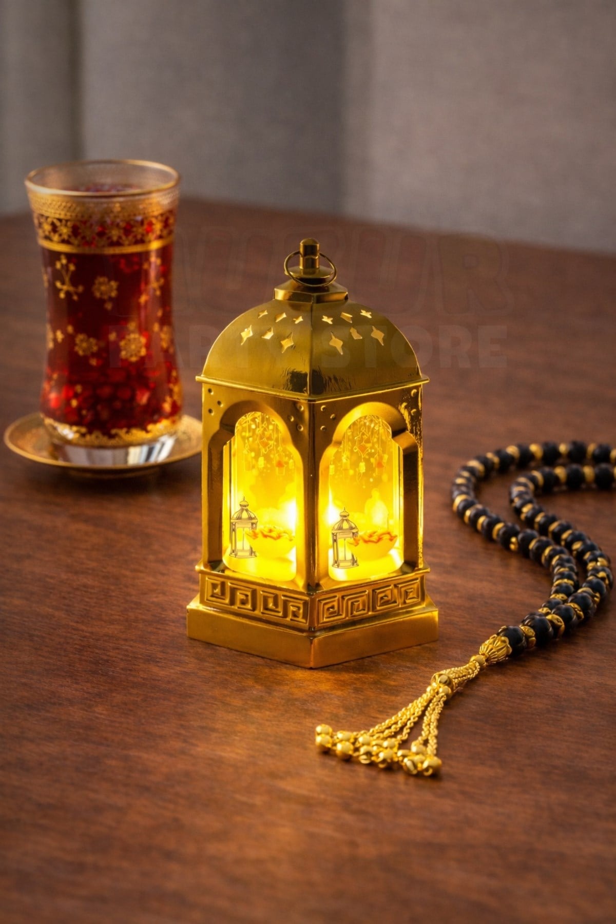 14 Cm Işıklı Ramazan Feneri Hurma Fener Desenli Gold Pilli Sert Plastik Askılı Ramazan Dekoru Süsü
